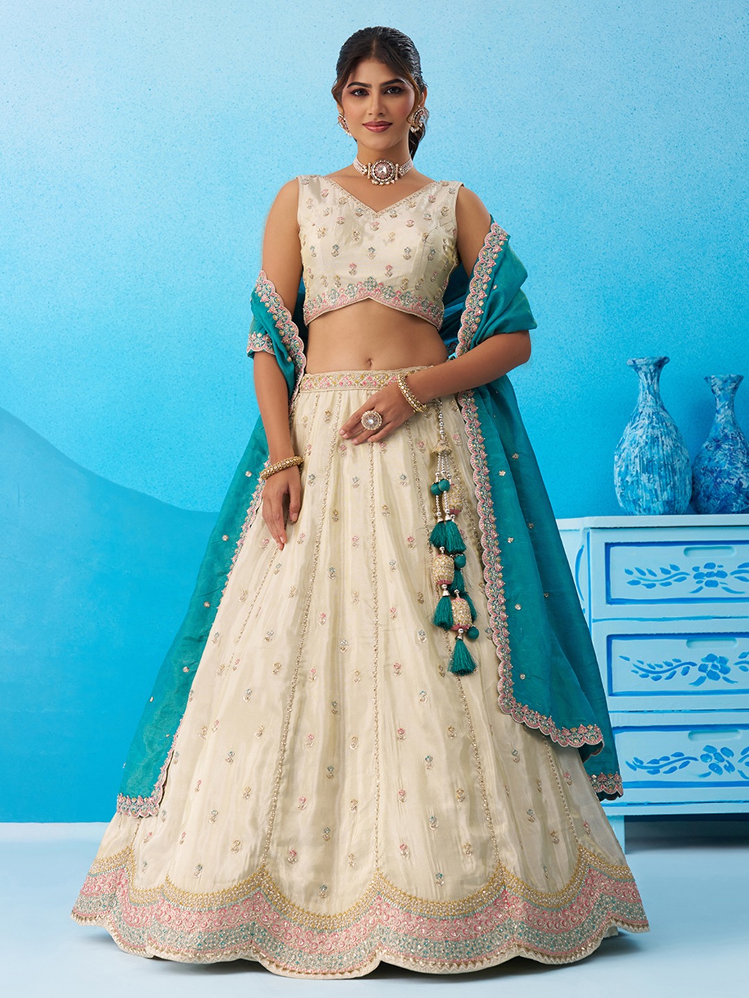 Cream Tissue Rama Dupatta Designer Sequins Lehenga Choli