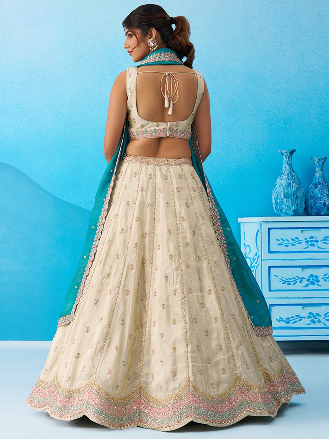 Cream Tissue Rama Dupatta Designer Sequins Lehenga Choli — alternate view