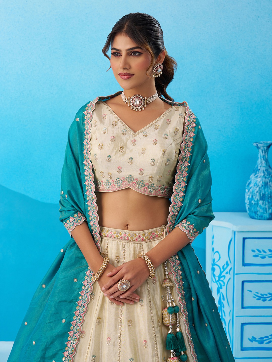 Cream Tissue Rama Dupatta Designer Sequins Lehenga Choli