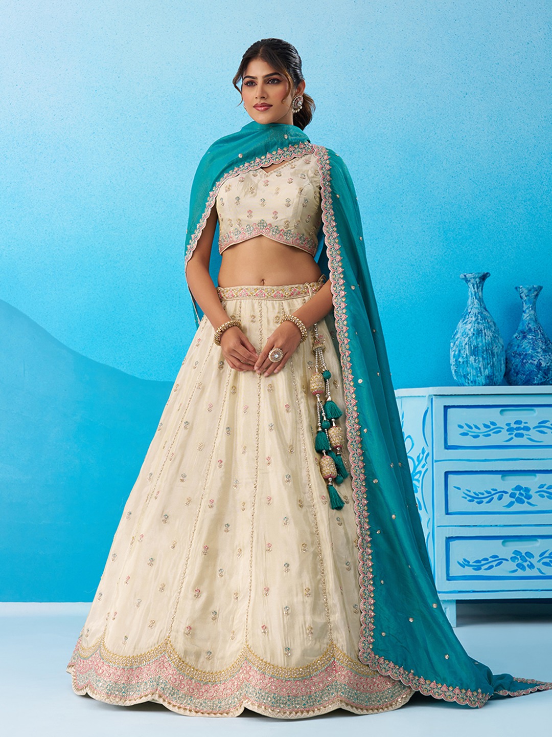 Cream Tissue Rama Dupatta Designer Sequins Lehenga Choli