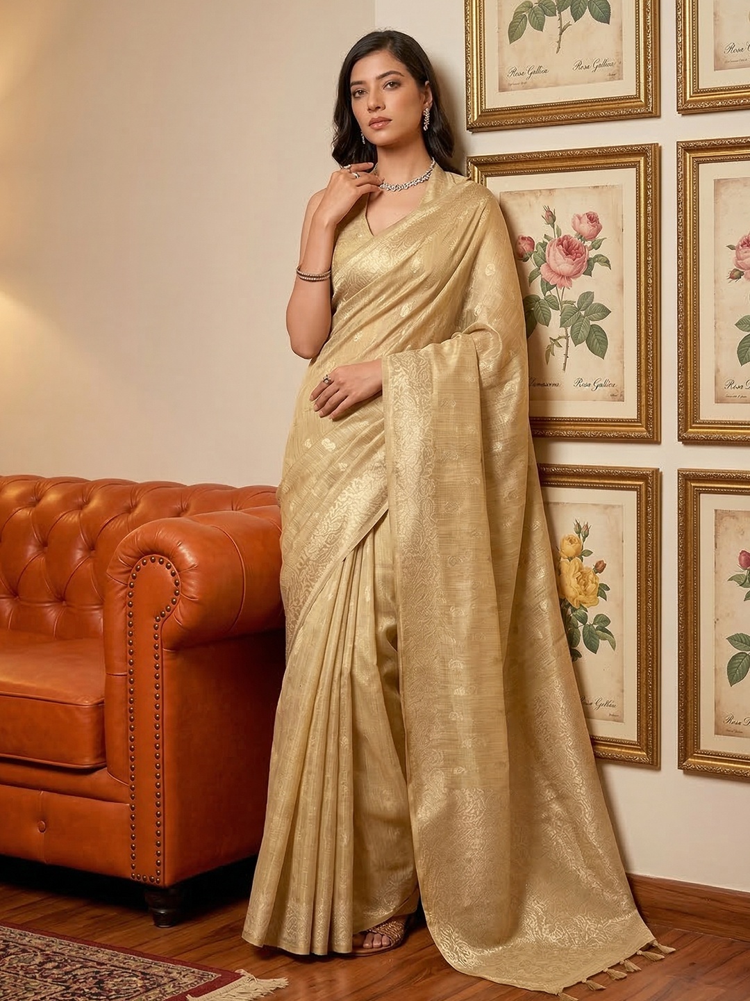 Cream Tissue Silk Woven Designer Saree