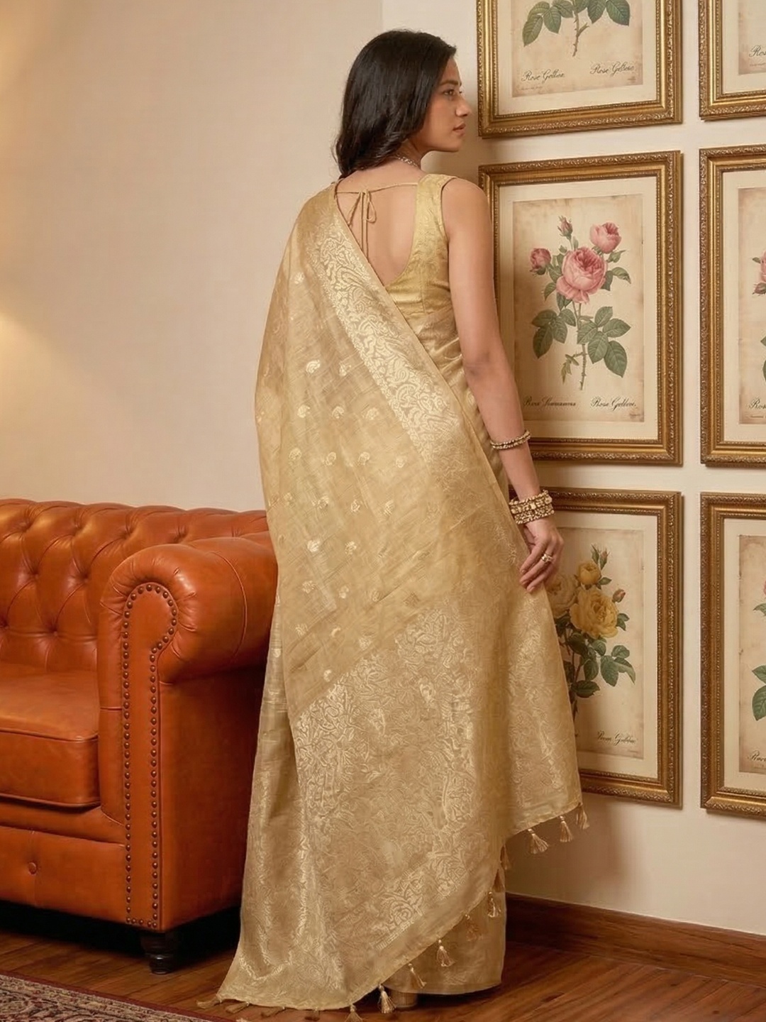 Cream Tissue Silk Woven Designer Saree