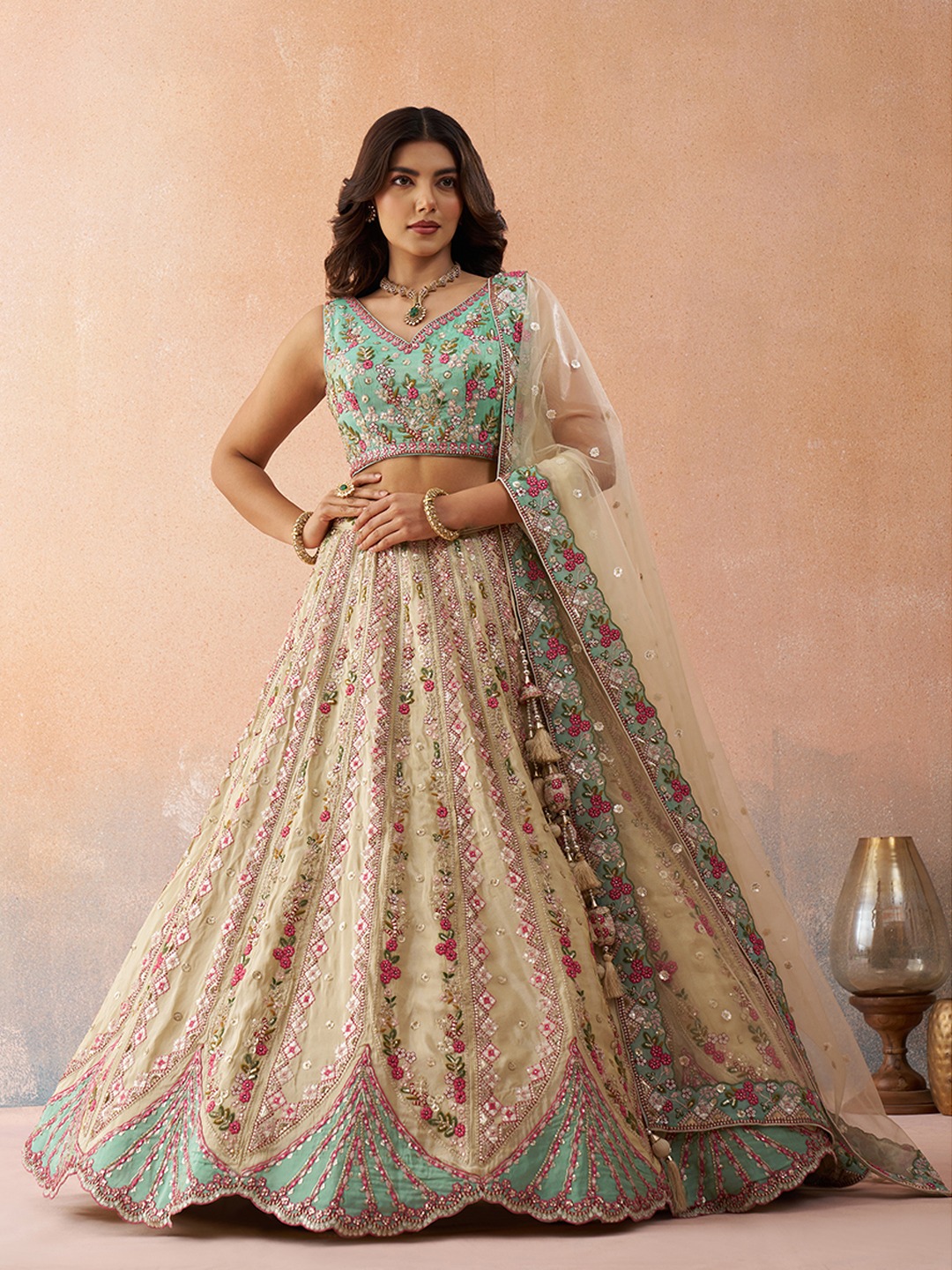 Cream Tissue Sky Blue Designer Sequins Lehenga Choli