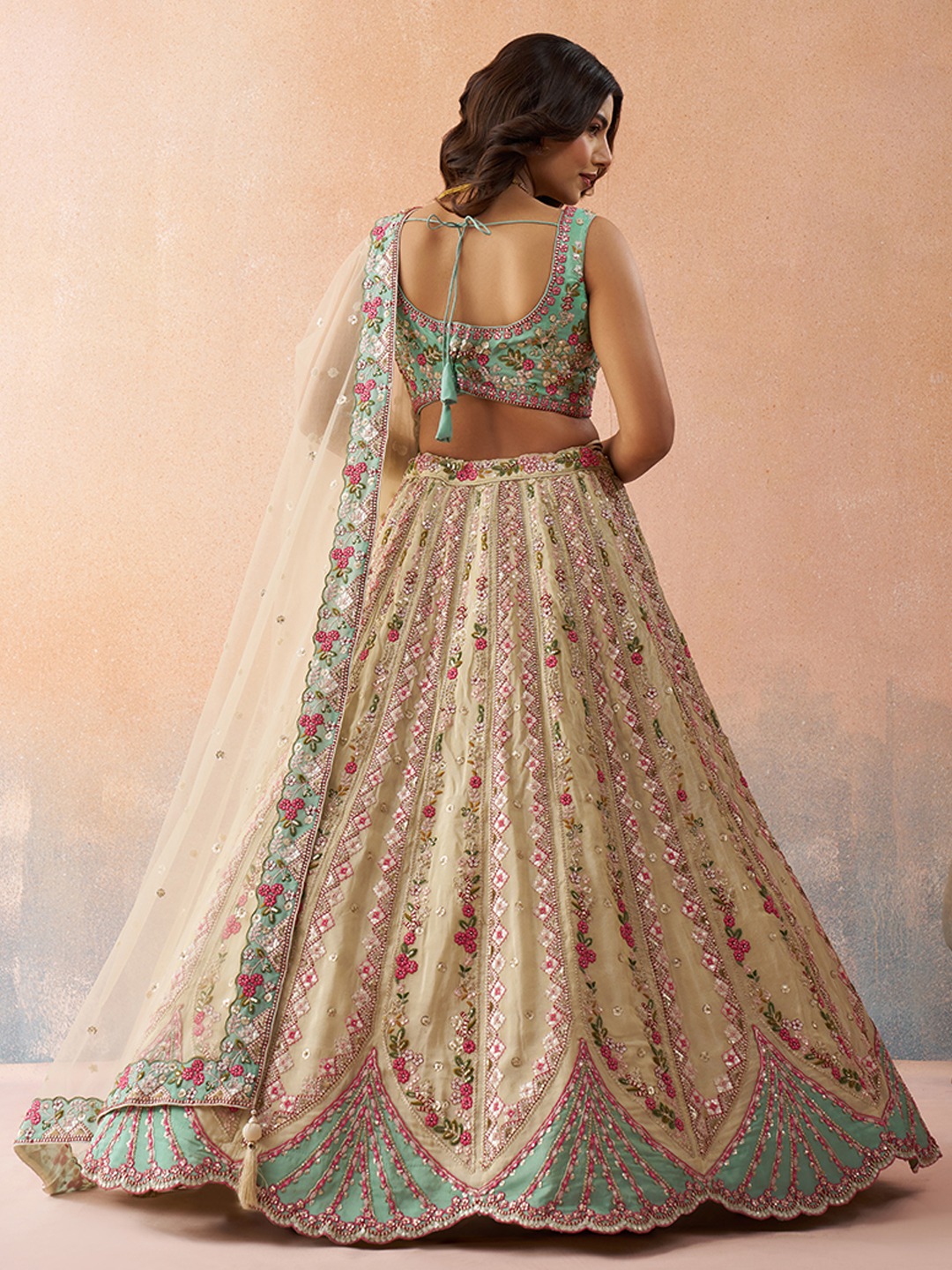 Cream Tissue Sky Blue Designer Sequins Lehenga Choli — alternate view