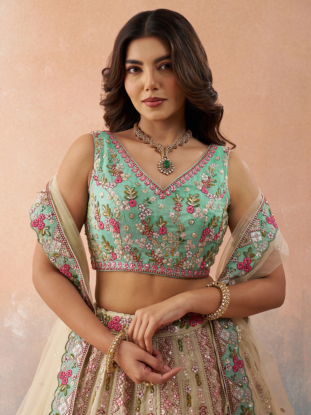 Cream Tissue Sky Blue Designer Sequins Lehenga Choli