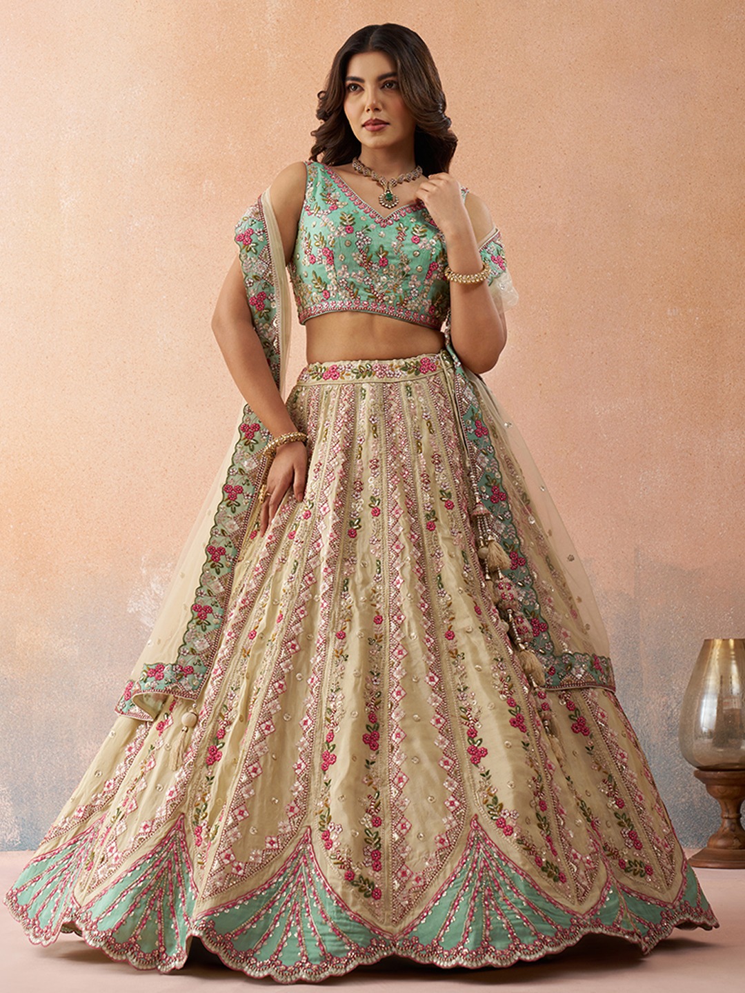 Cream Tissue Sky Blue Designer Sequins Lehenga Choli