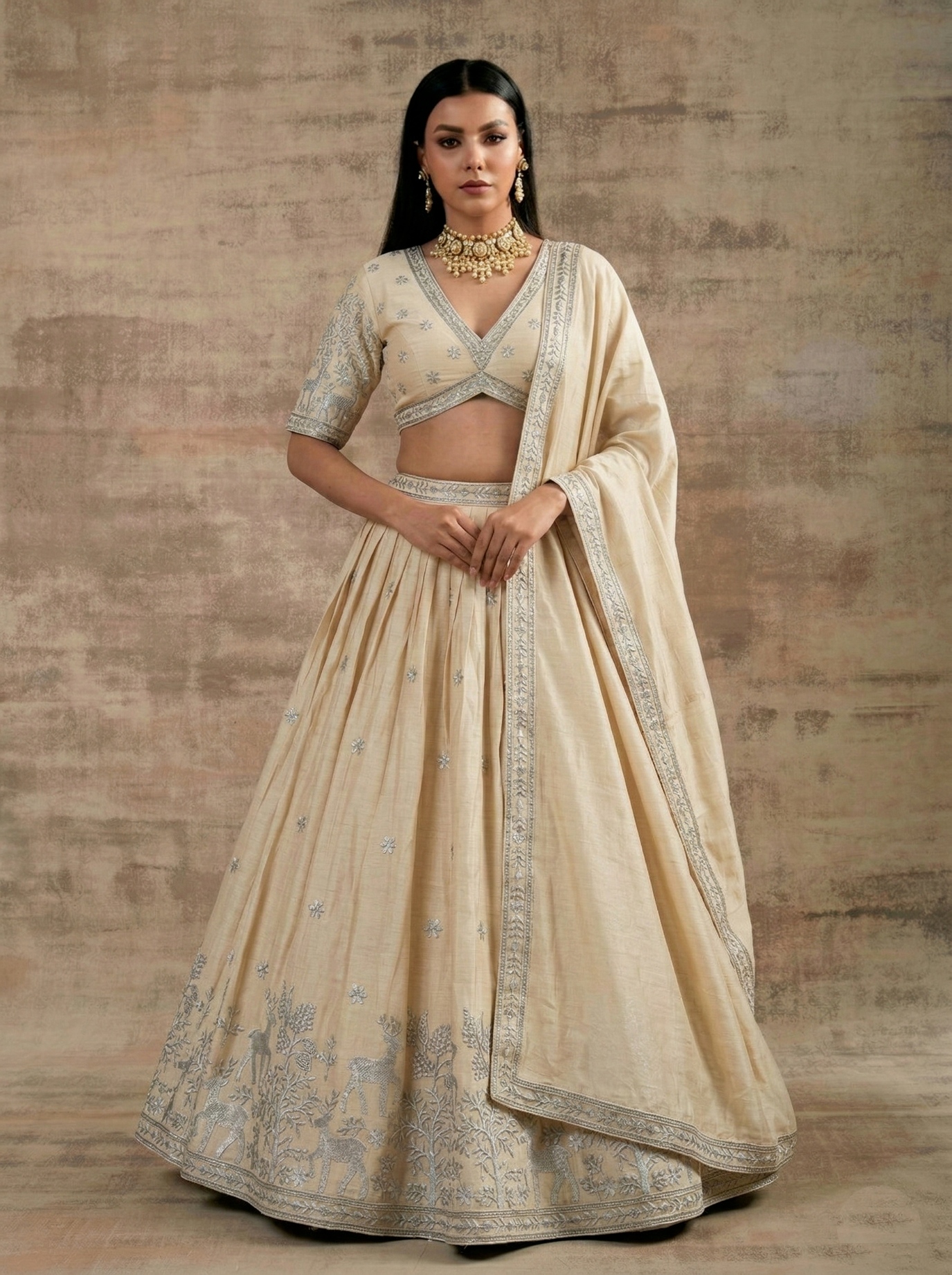 Cream Traditional Embroidery Satin Silk Lehenga