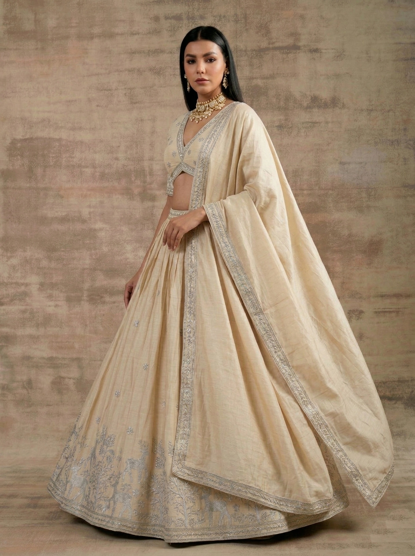 Cream Traditional Embroidery Satin Silk Lehenga — alternate view