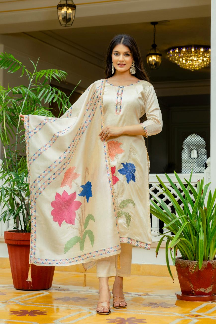 Cream Viscose Assam Silk Readymade Suits