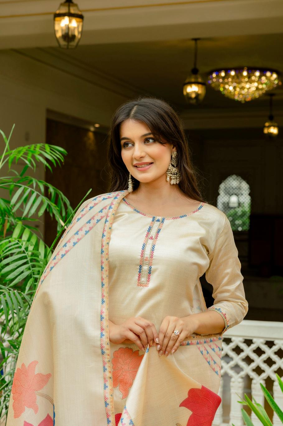 Cream Viscose Assam Silk Readymade Suits