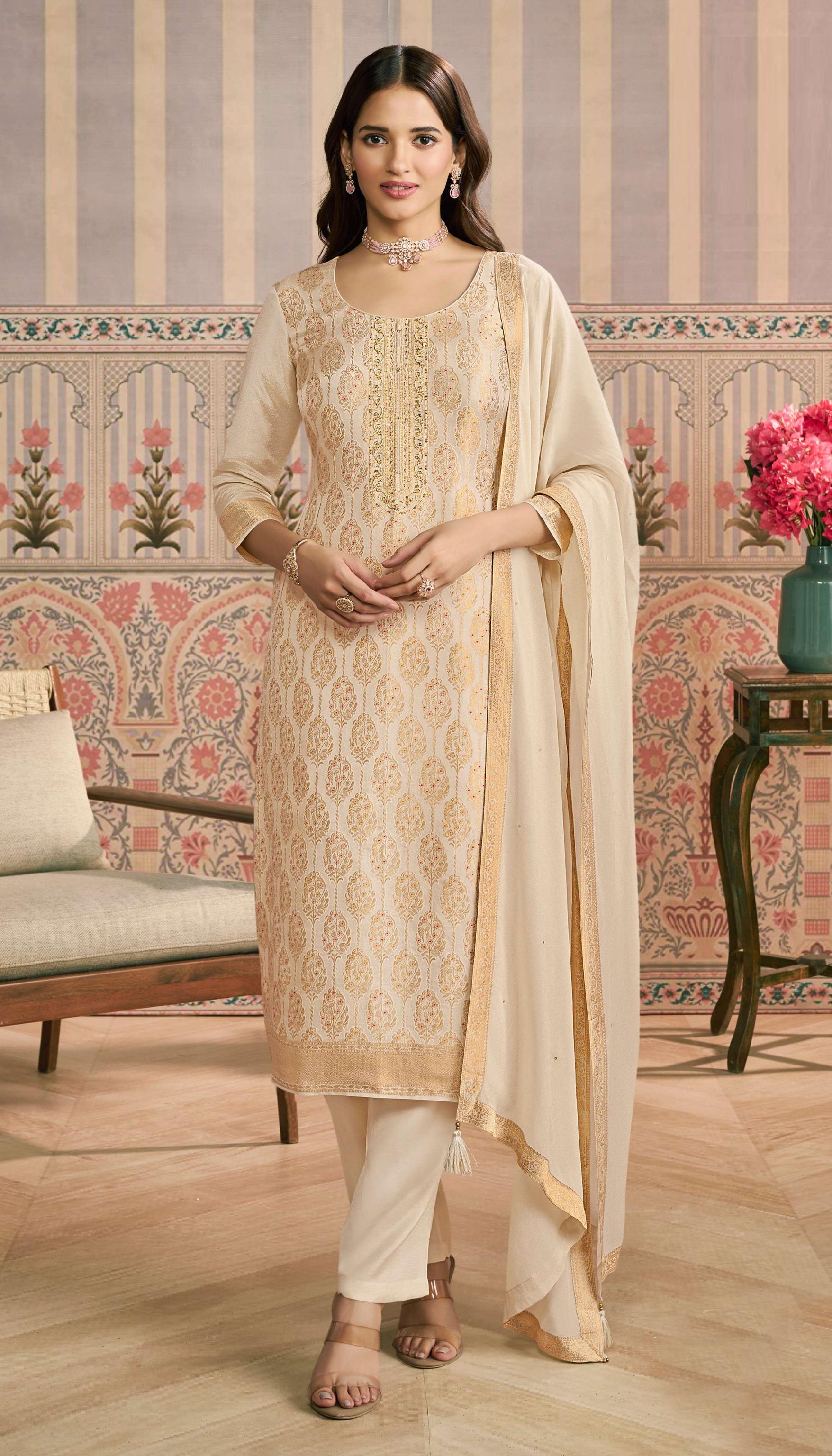 Cream Viscose Jacquard Salwar Suit