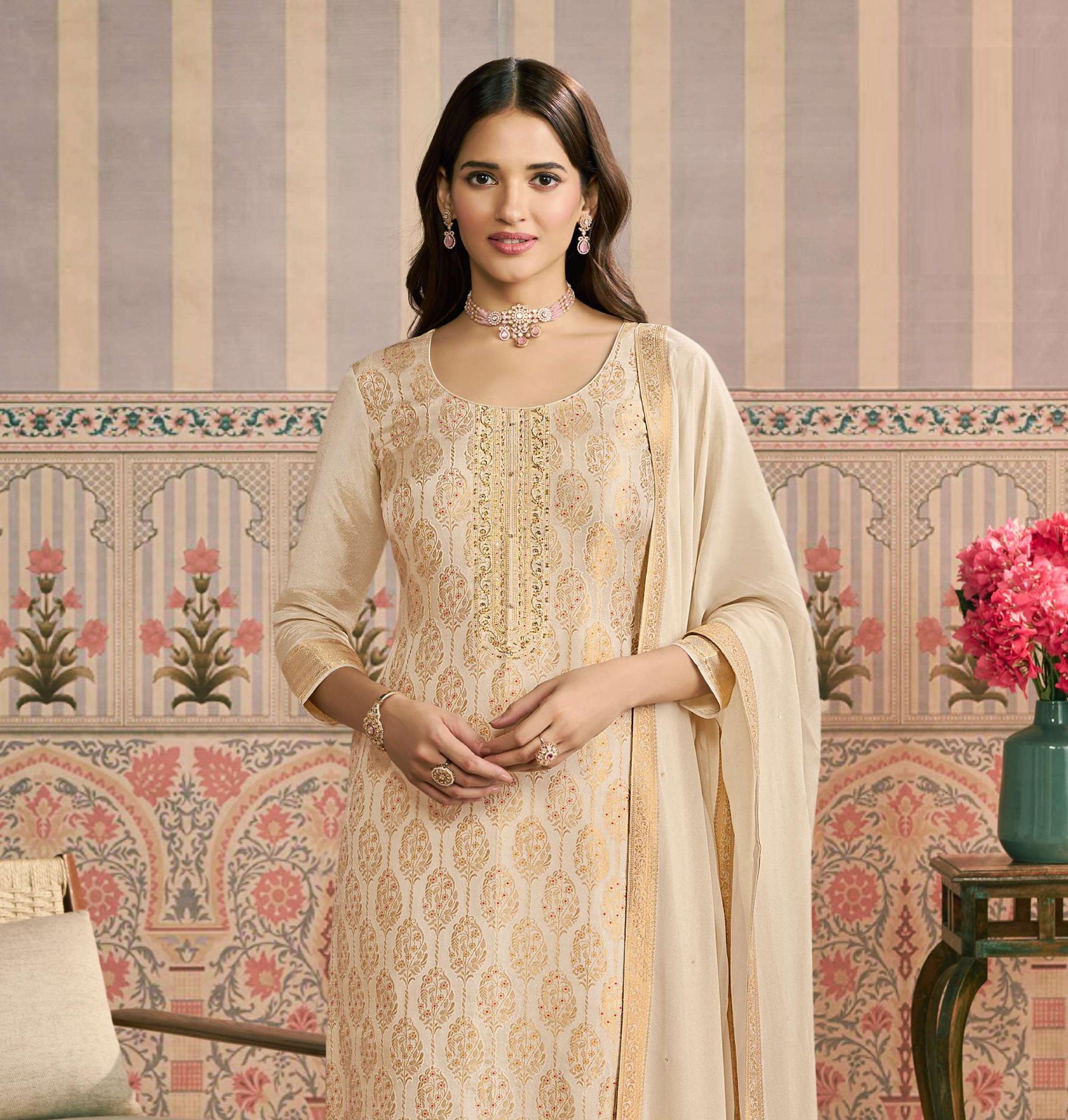 Cream Viscose Jacquard Salwar Suit — alternate view
