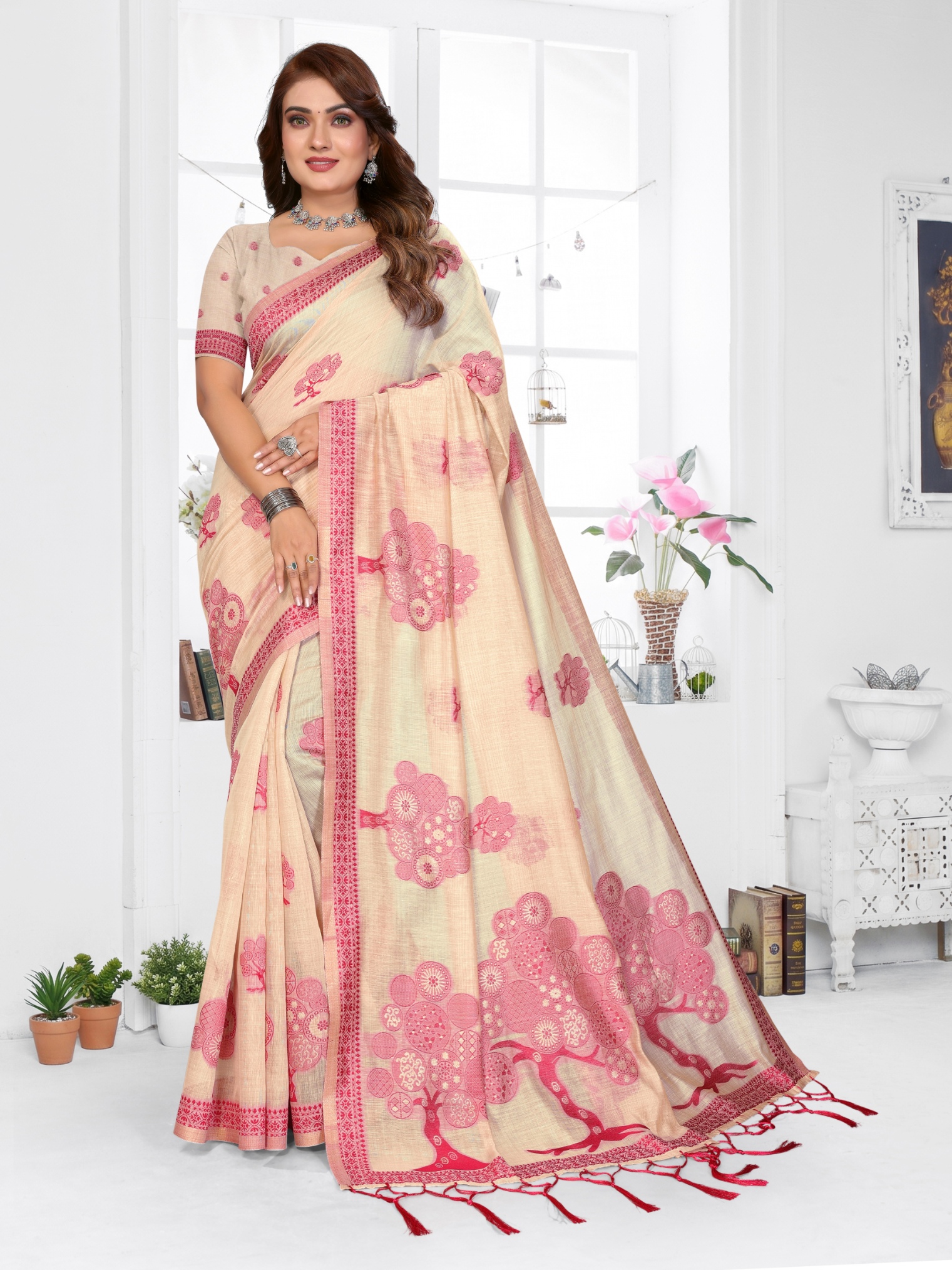 Cream Weaving Designer Spun Cotton Saree