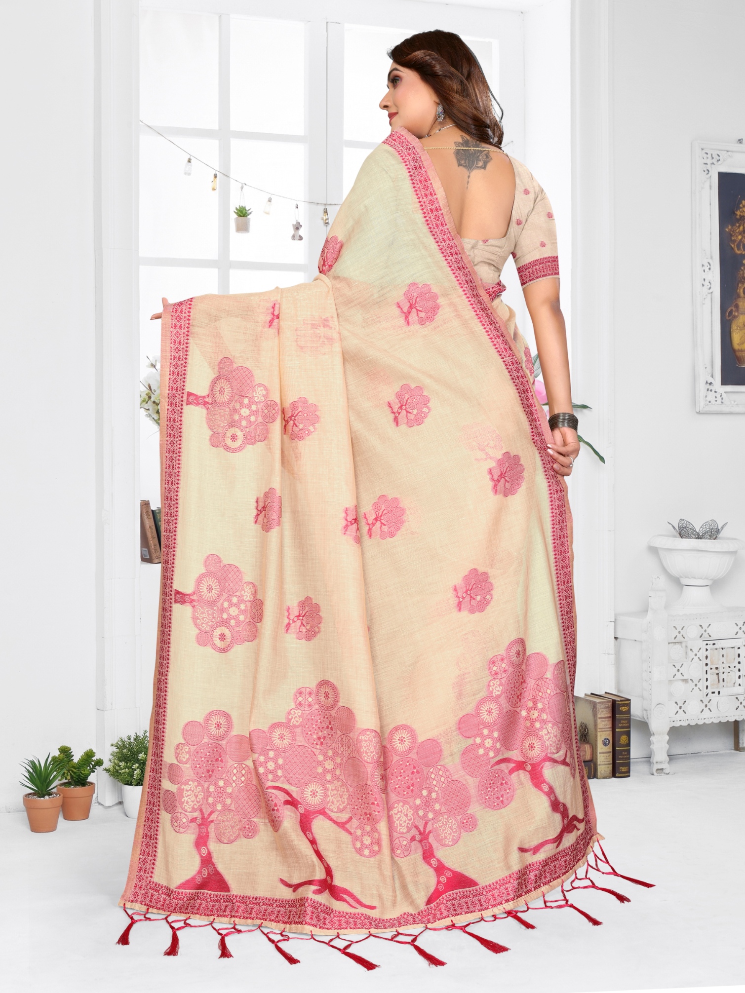 Cream Weaving Designer Spun Cotton Saree — alternate view
