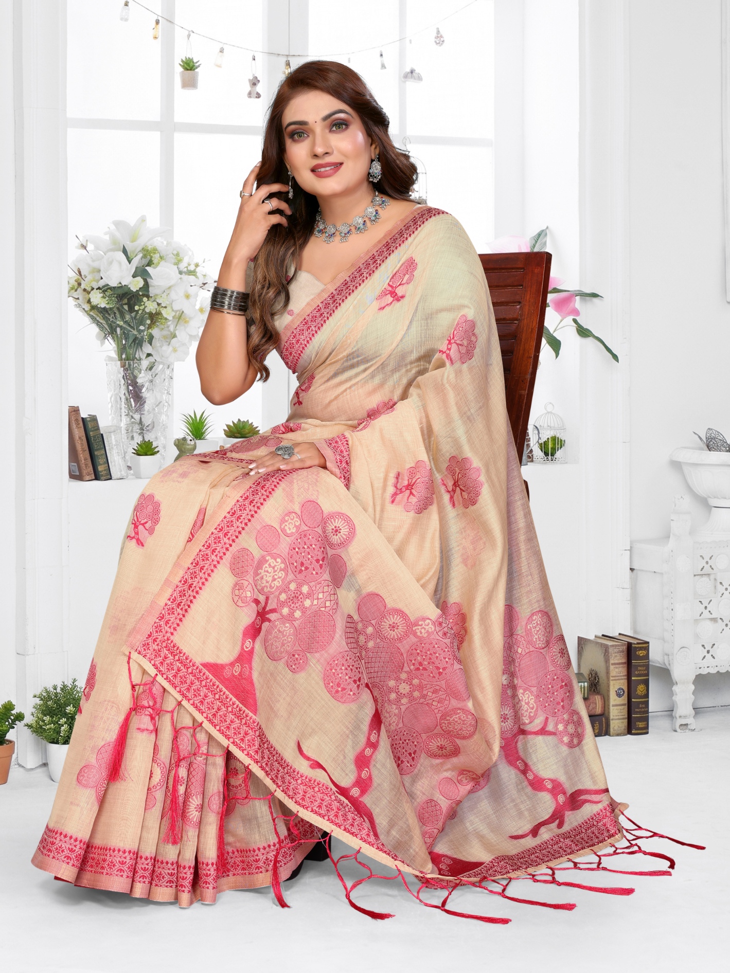Cream Weaving Designer Spun Cotton Saree