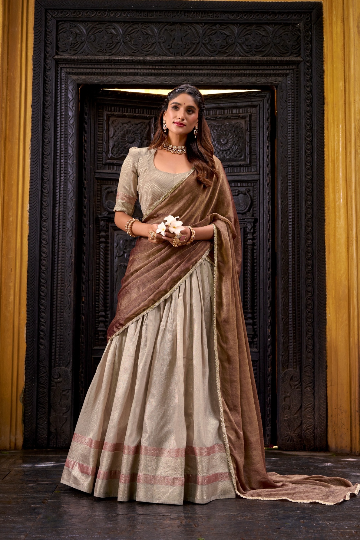 Cream Woven Dupion Silk Lehenga Choli