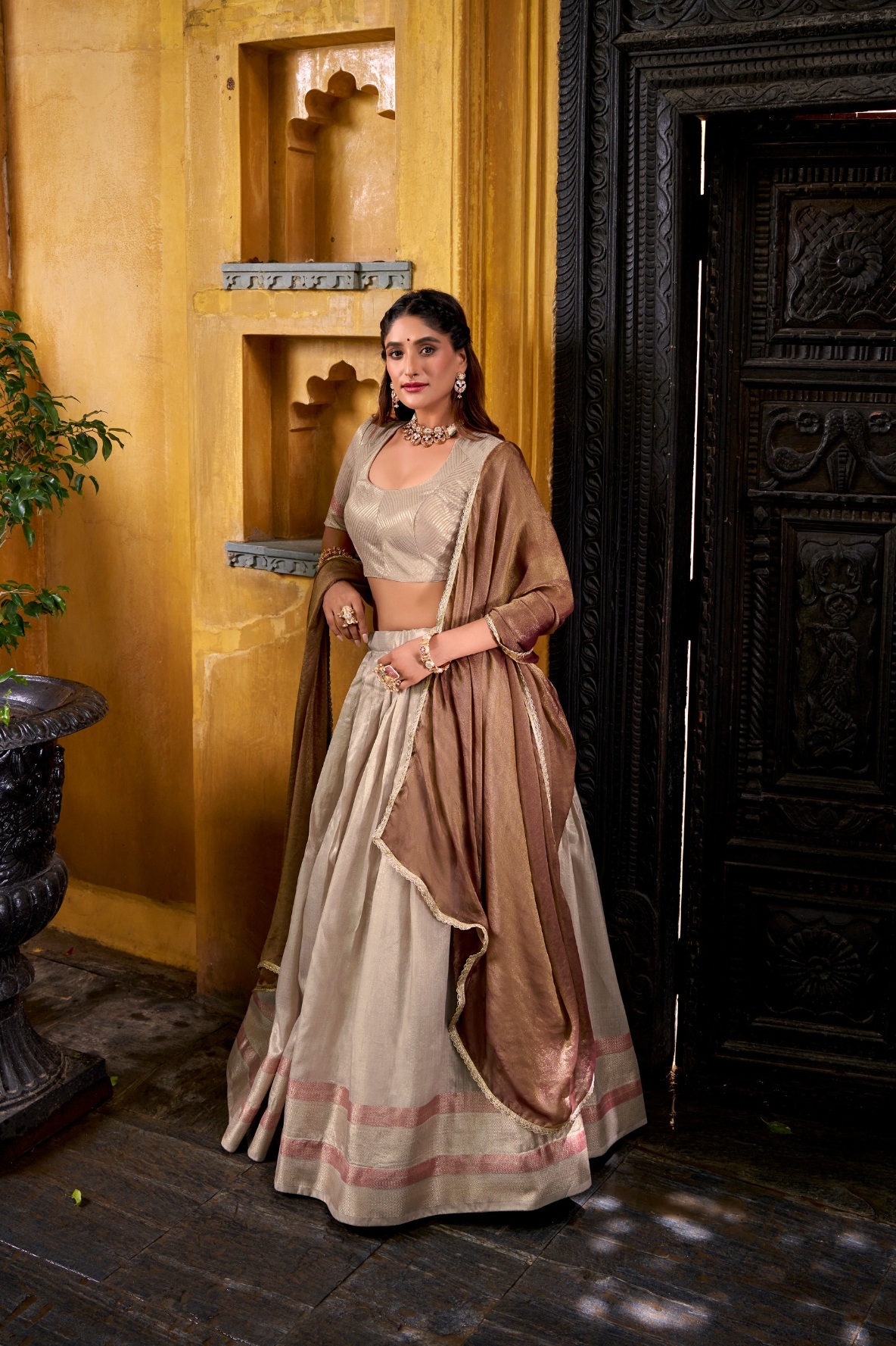 Cream Woven Dupion Silk Lehenga Choli