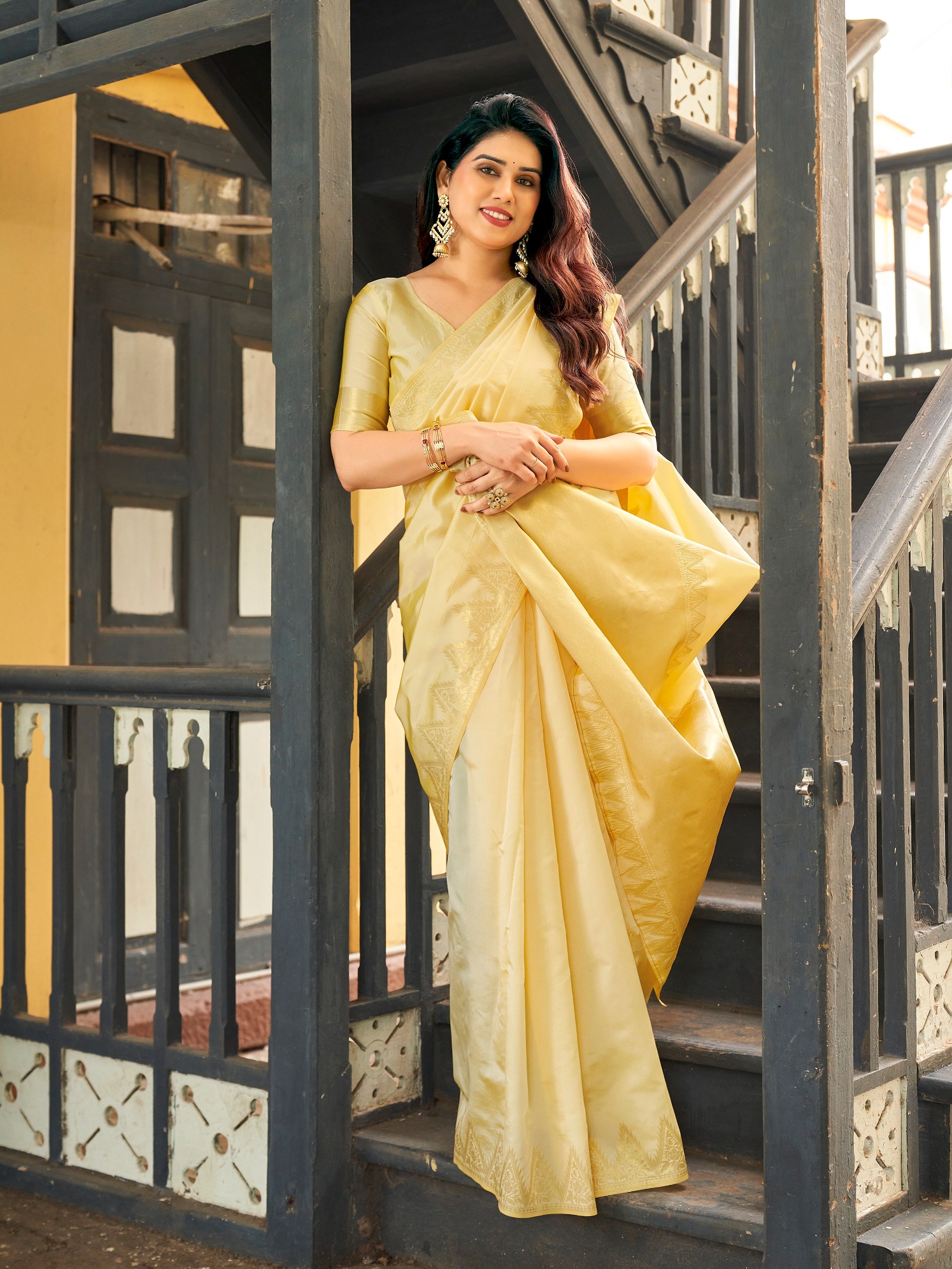 Cream Woven Gold Zari Banarasi Raw Silk Saree