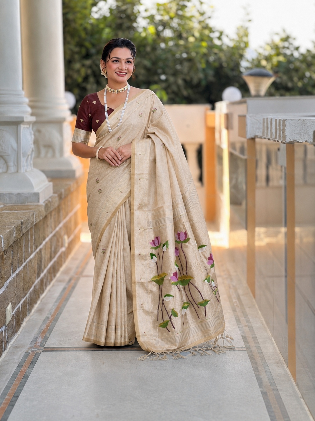 Cream Woven Meenakari Cotton Silk Saree