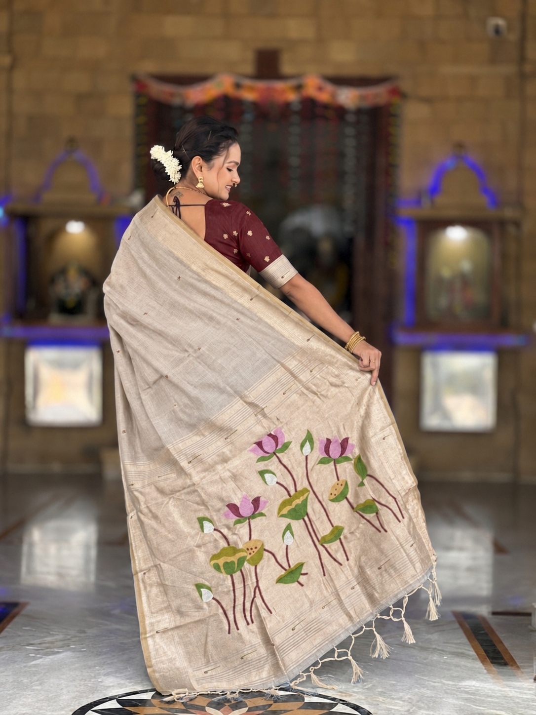 Cream Woven Meenakari Cotton Silk Saree — alternate view