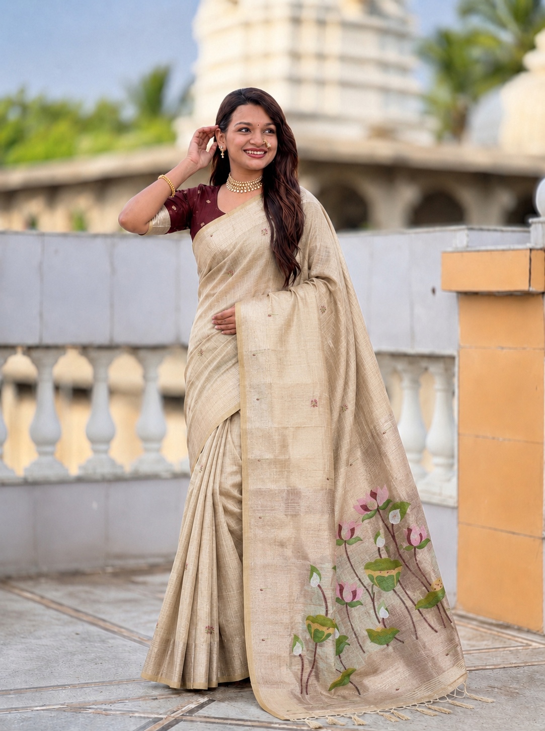 Cream Woven Meenakari Cotton Silk Saree