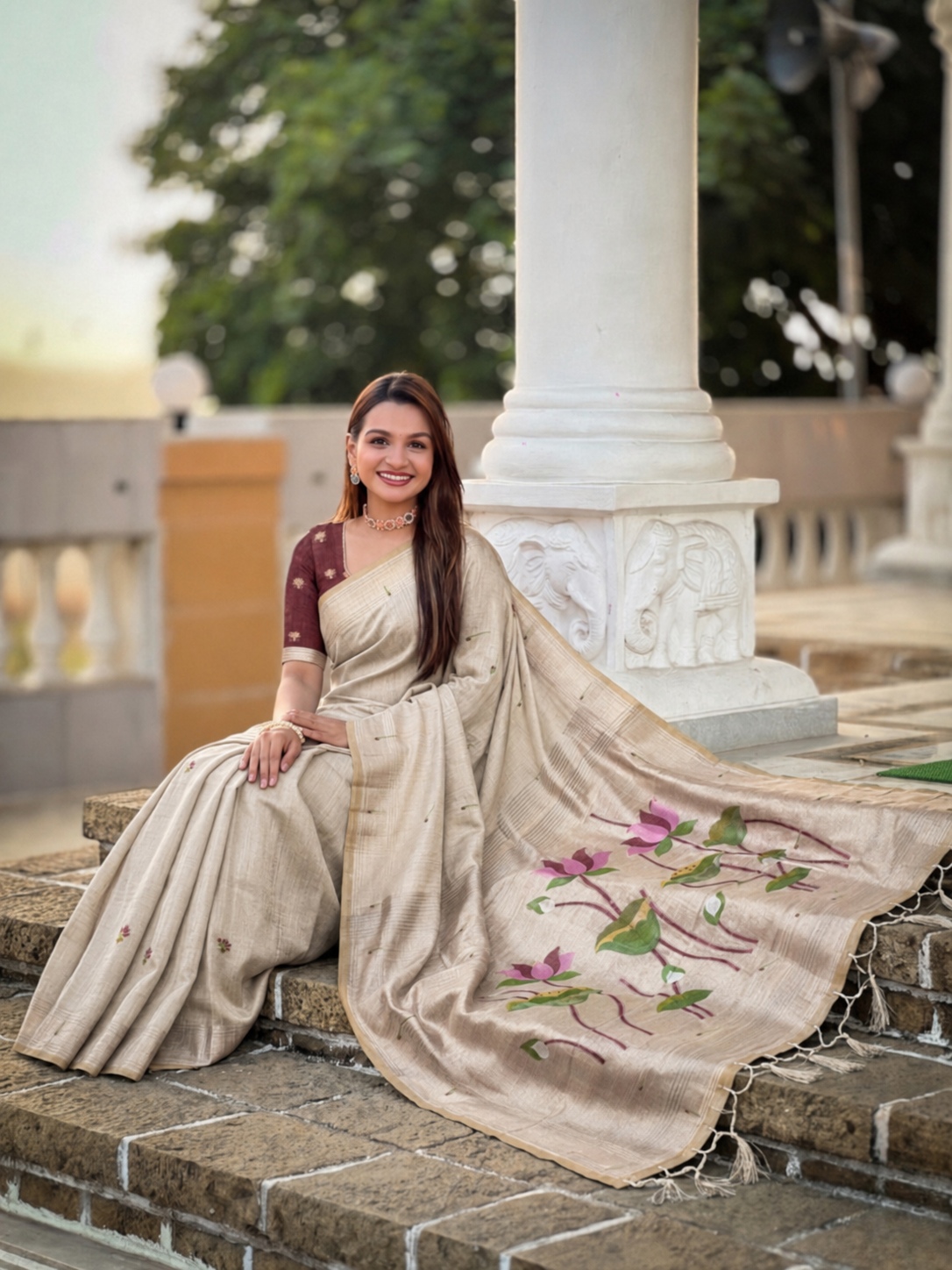 Cream Woven Meenakari Cotton Silk Saree