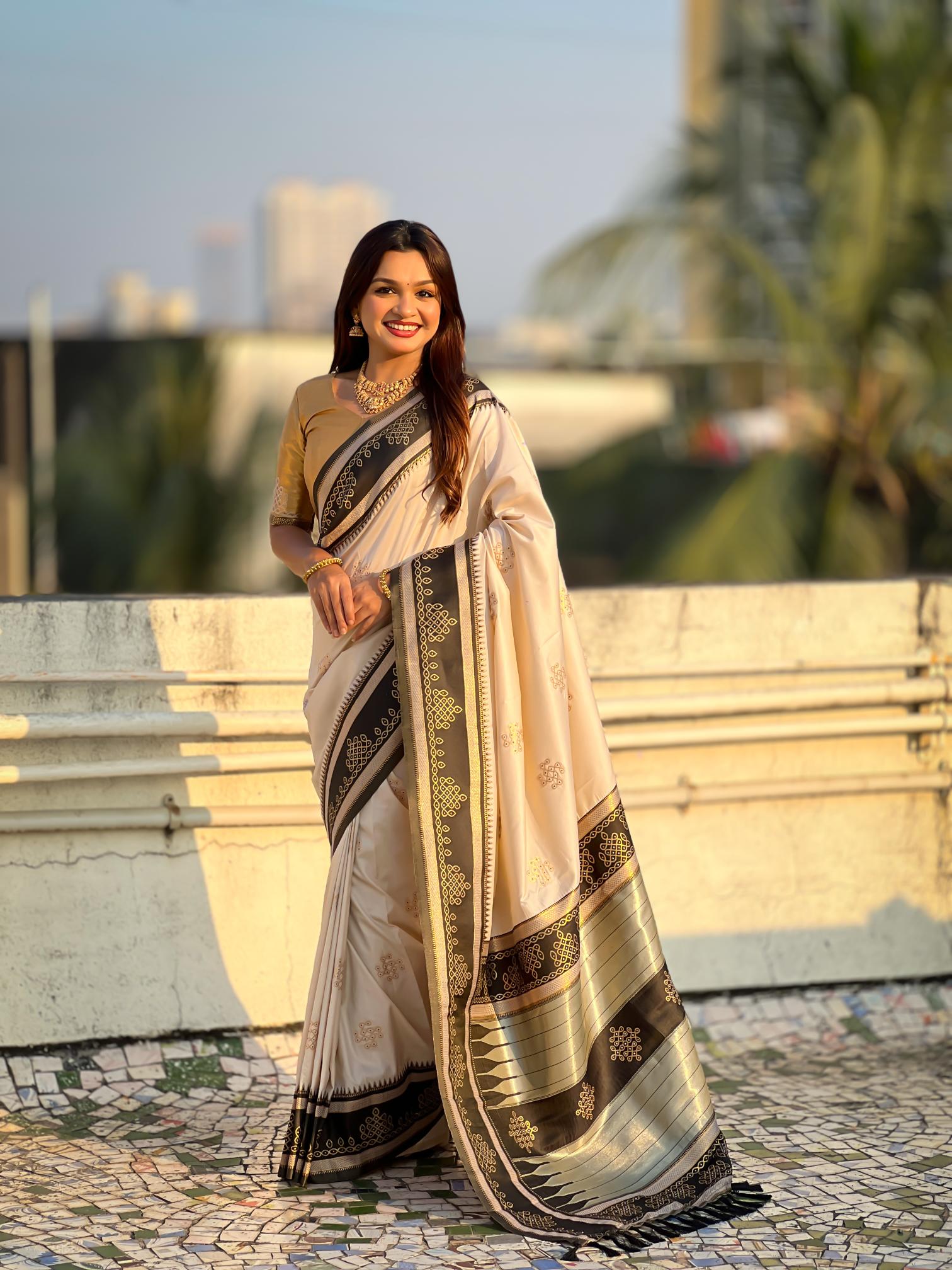 Cream Woven Zari Soft Silk Saree