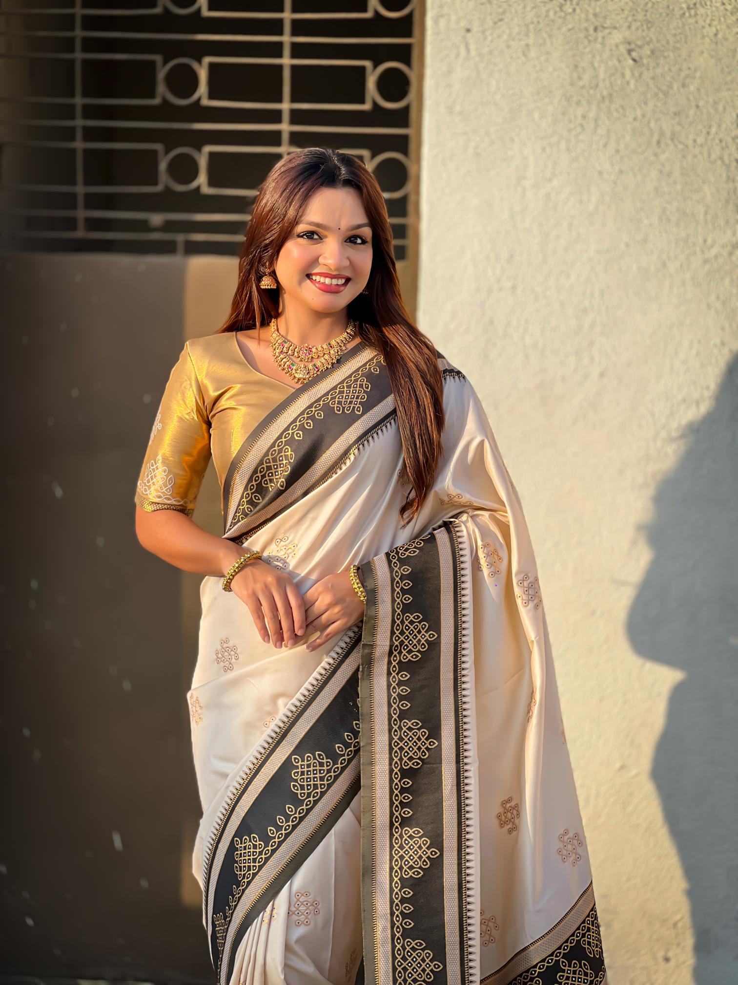 Cream Woven Zari Soft Silk Saree