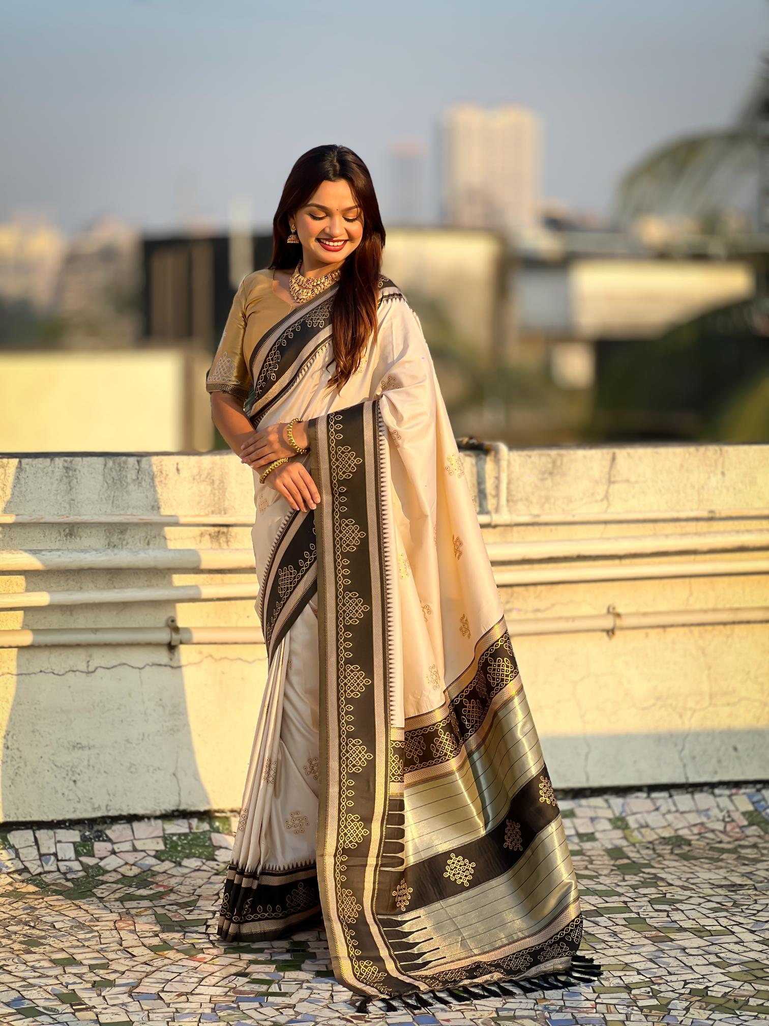 Cream Woven Zari Soft Silk Saree