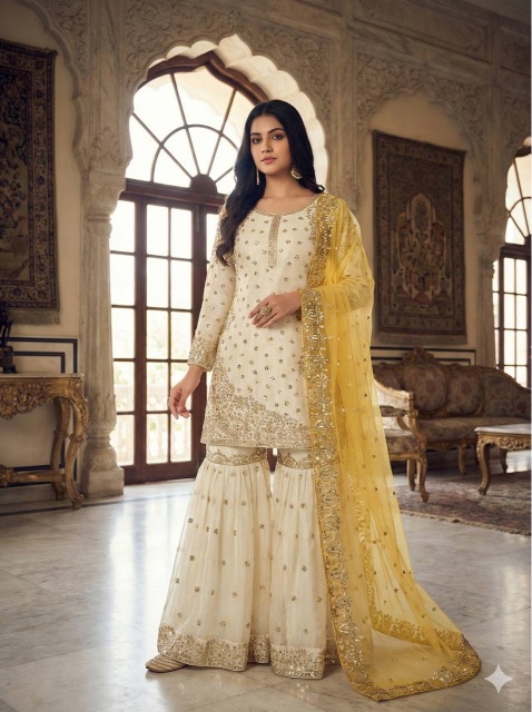 Cream Yellow Embroidered Pure Fendy Silk Sharara Suit