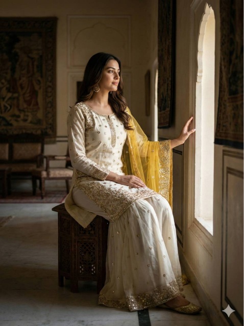 Cream Yellow Embroidered Pure Fendy Silk Sharara Suit