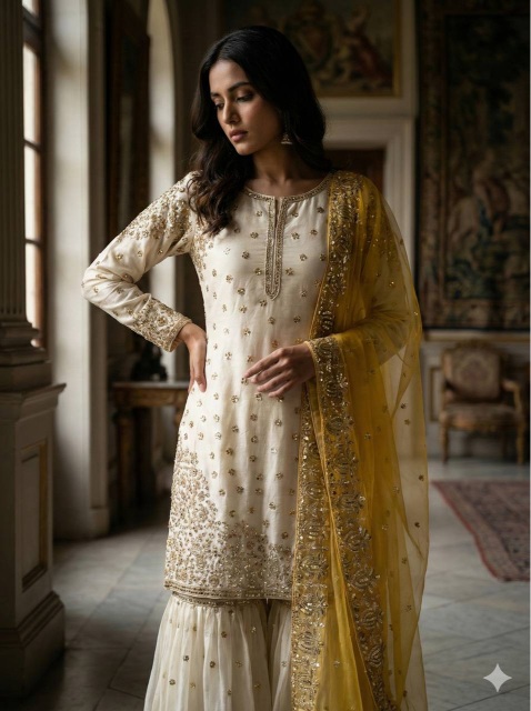Cream Yellow Embroidered Pure Fendy Silk Sharara Suit