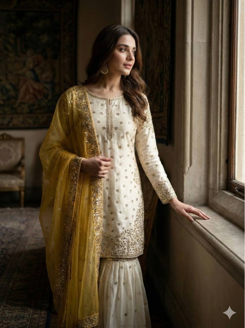 Cream Yellow Embroidered Pure Fendy Silk Sharara Suit