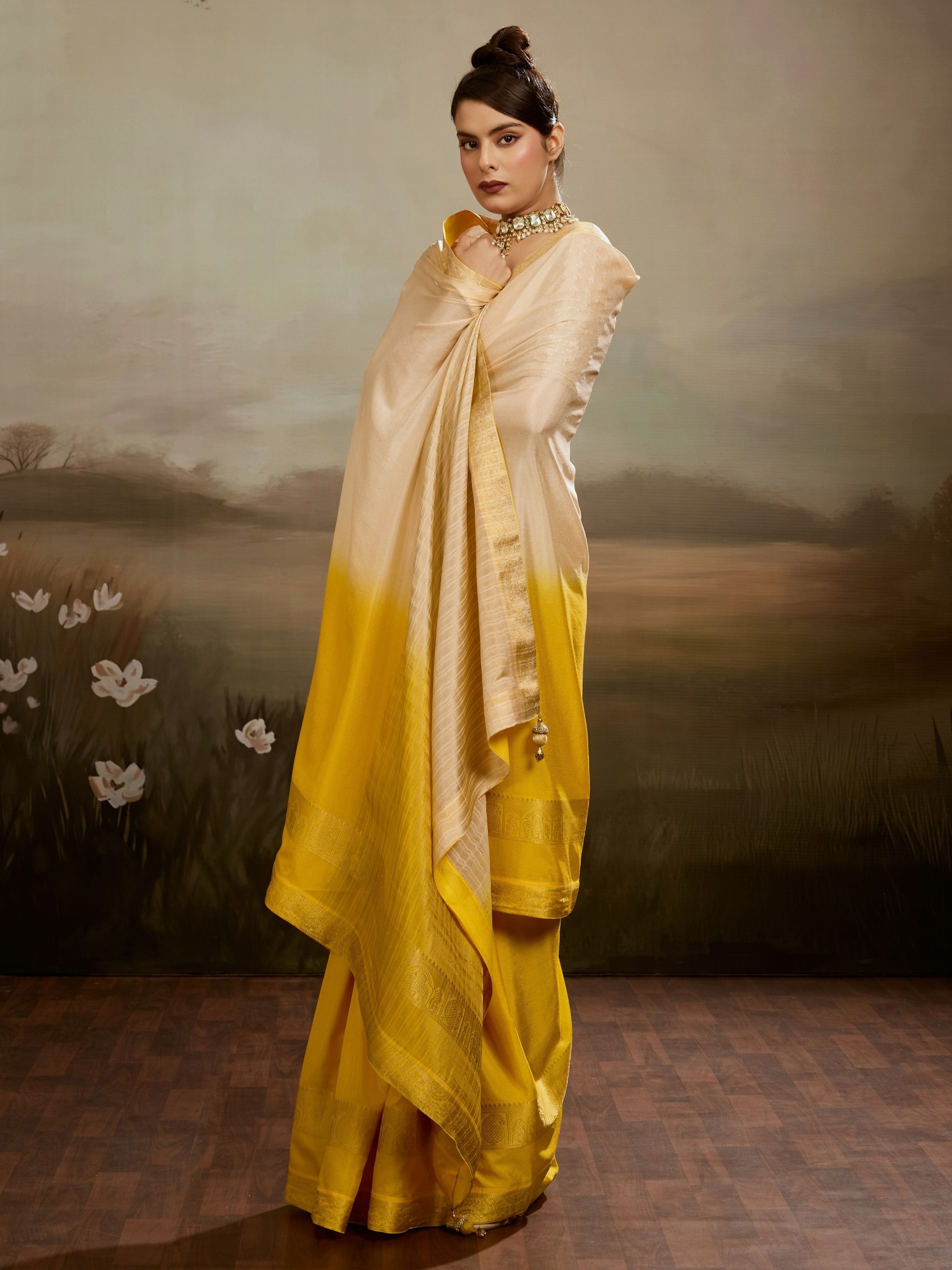 Cream Yellow Floral Zari Soft Chiffon Silk Saree
