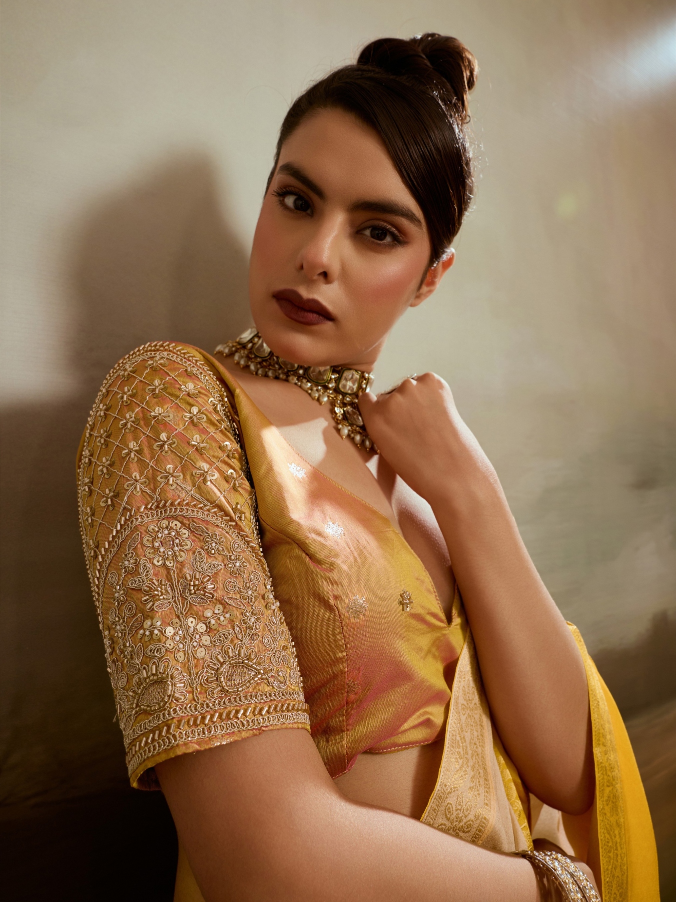 Cream Yellow Floral Zari Soft Chiffon Silk Saree