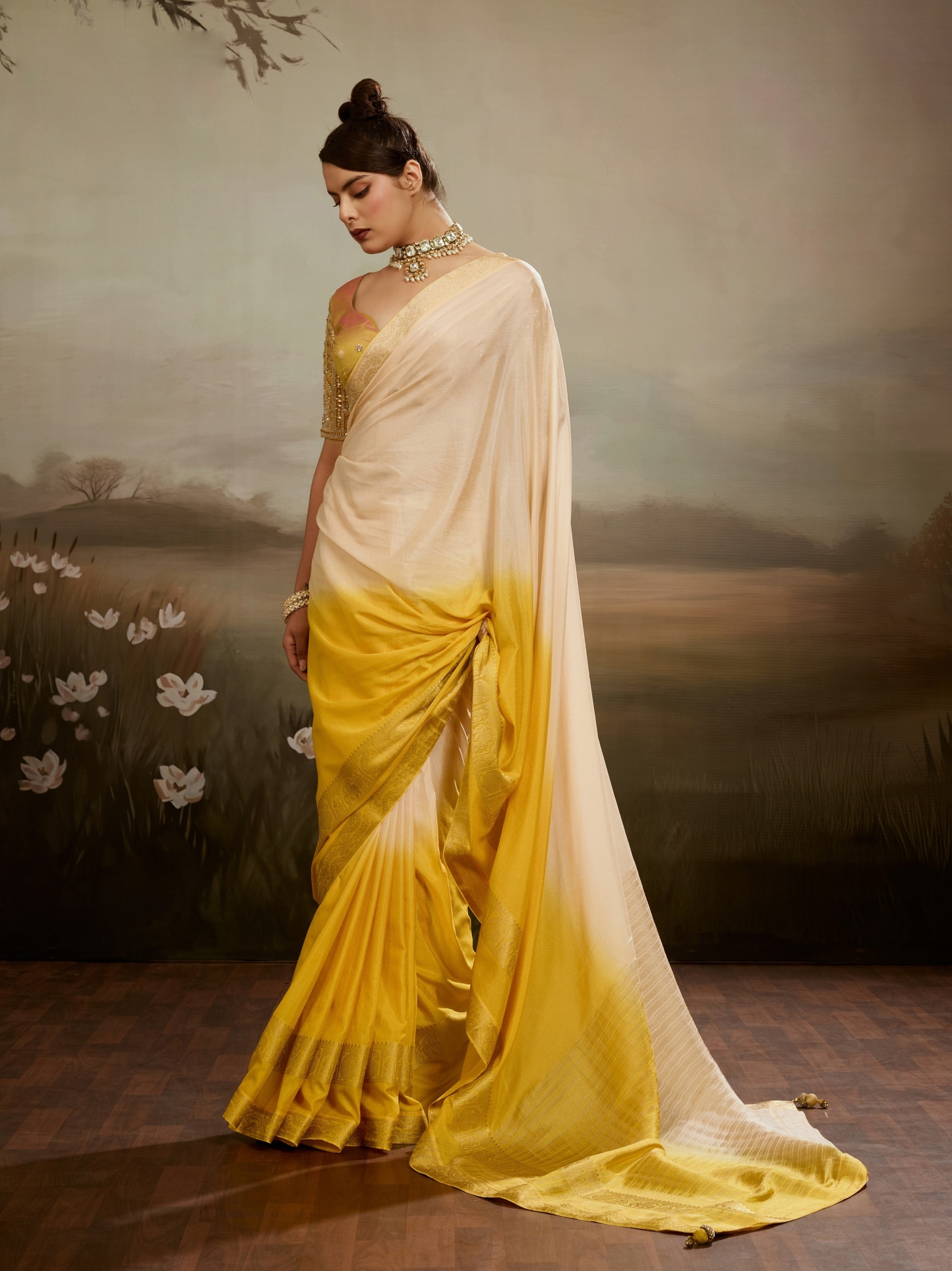 Cream Yellow Zari Woven Chiffon Saree