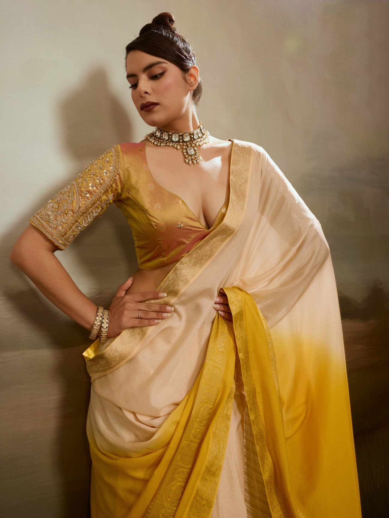 Cream Yellow Zari Woven Chiffon Saree — alternate view