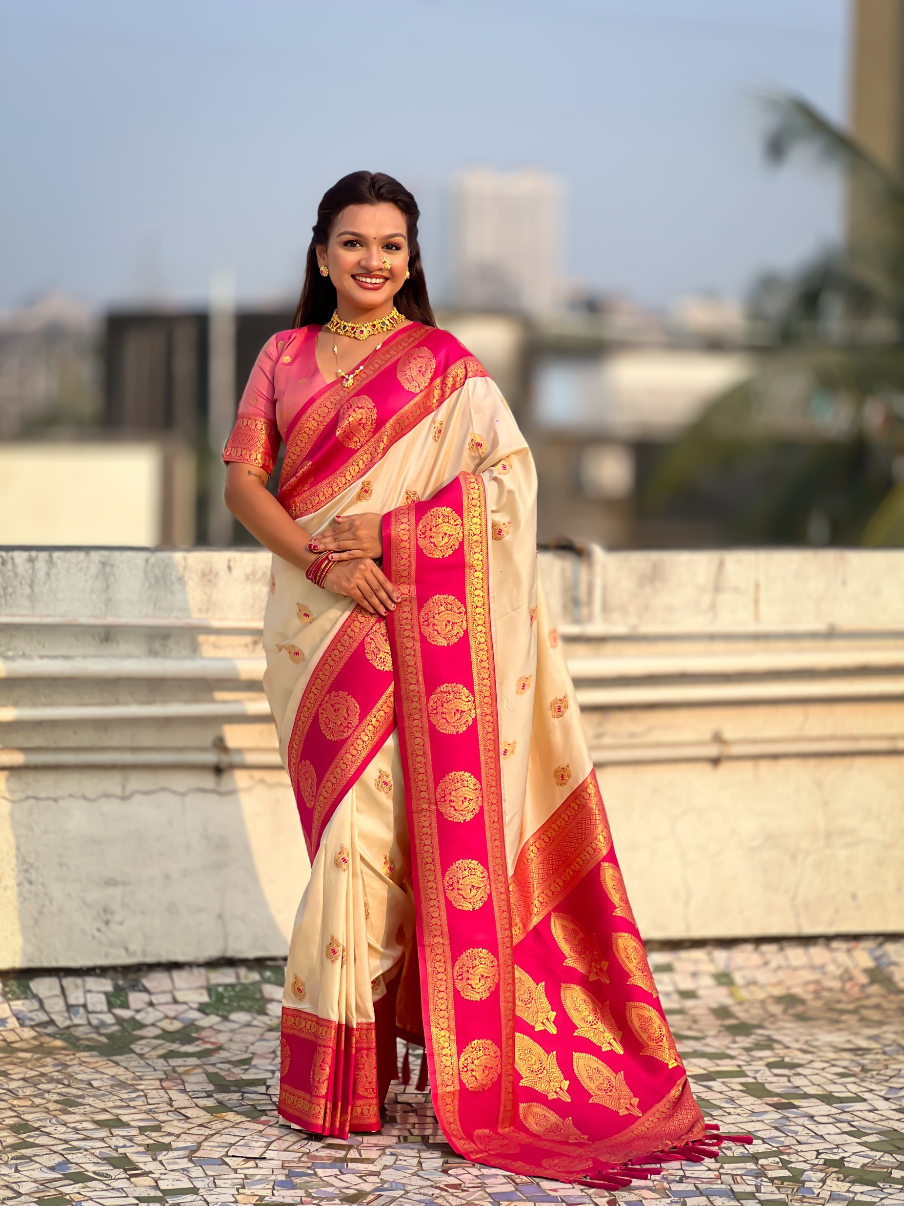 Cream Zari Woven Soft Silk Festive Saree