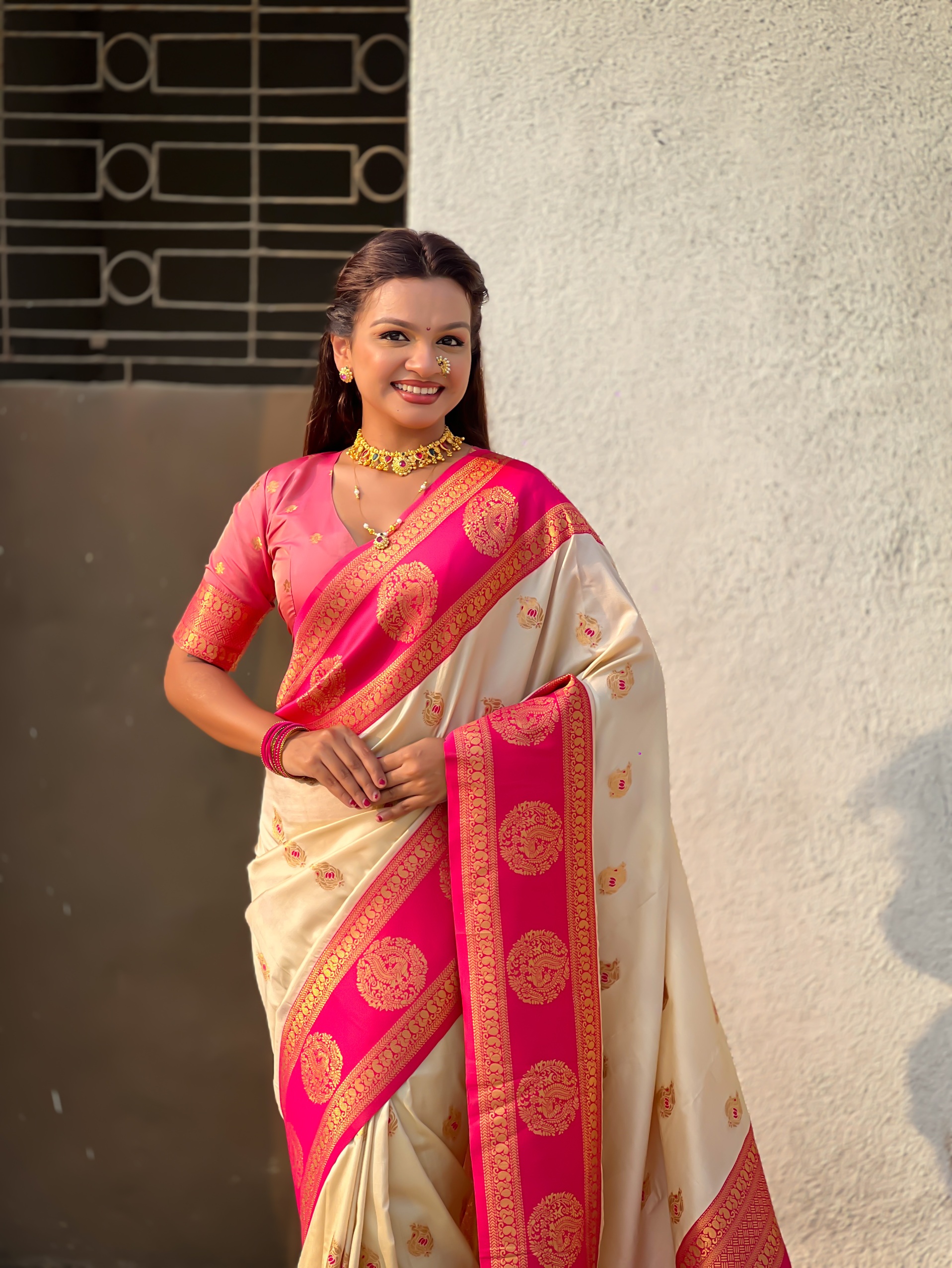 Cream Zari Woven Soft Silk Festive Saree — alternate view