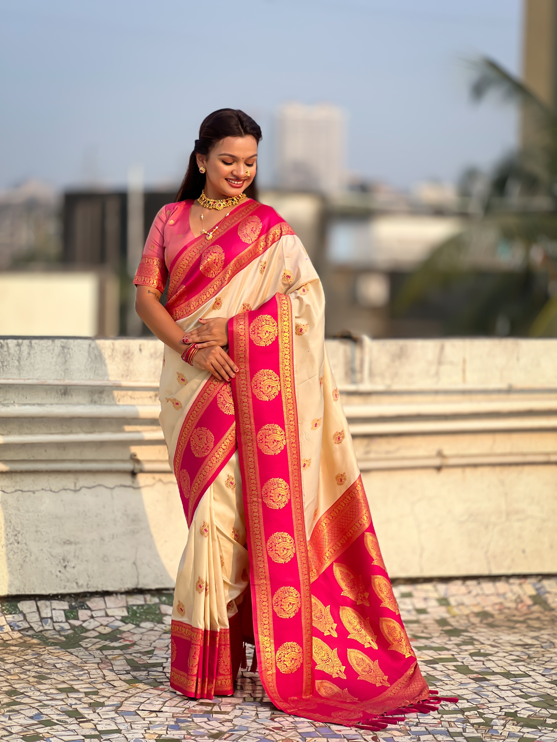 Cream Zari Woven Soft Silk Festive Saree
