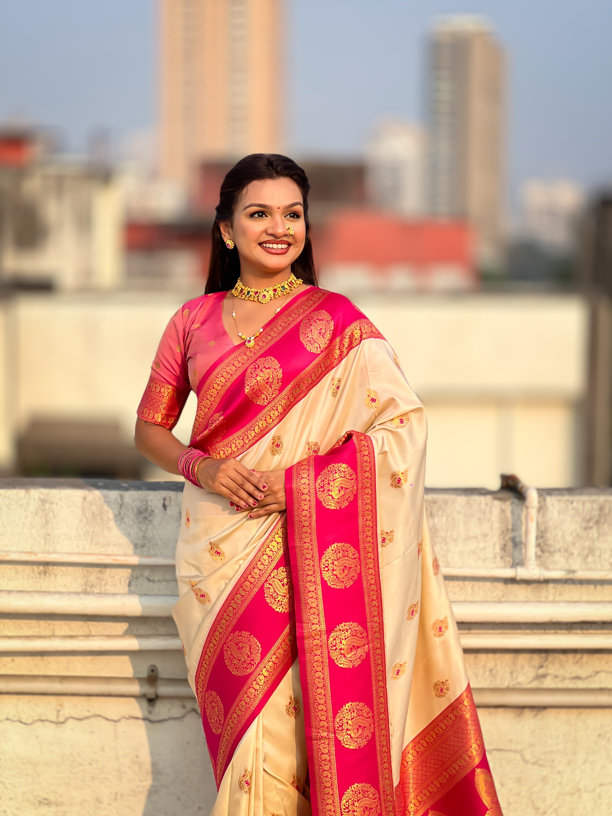 Cream Zari Woven Soft Silk Festive Saree