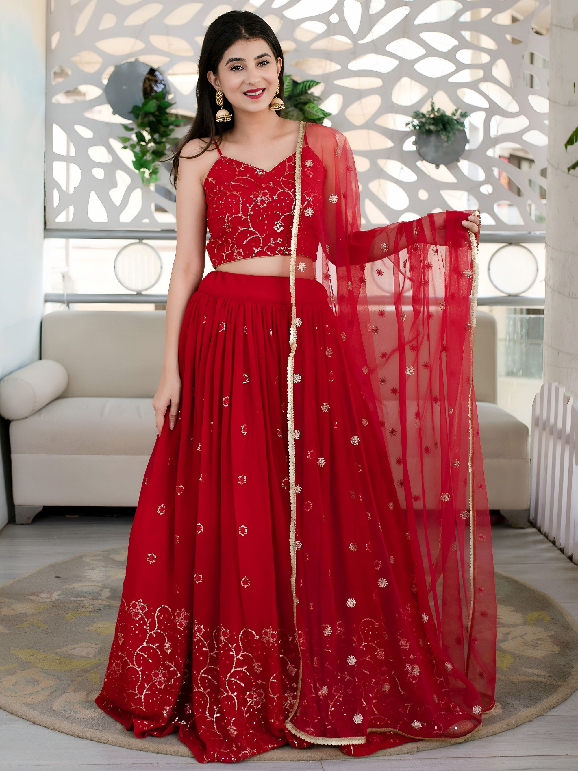 Crimson Red Georgette Thread Embroidered Spaghetti Strap Lehenga Choli
