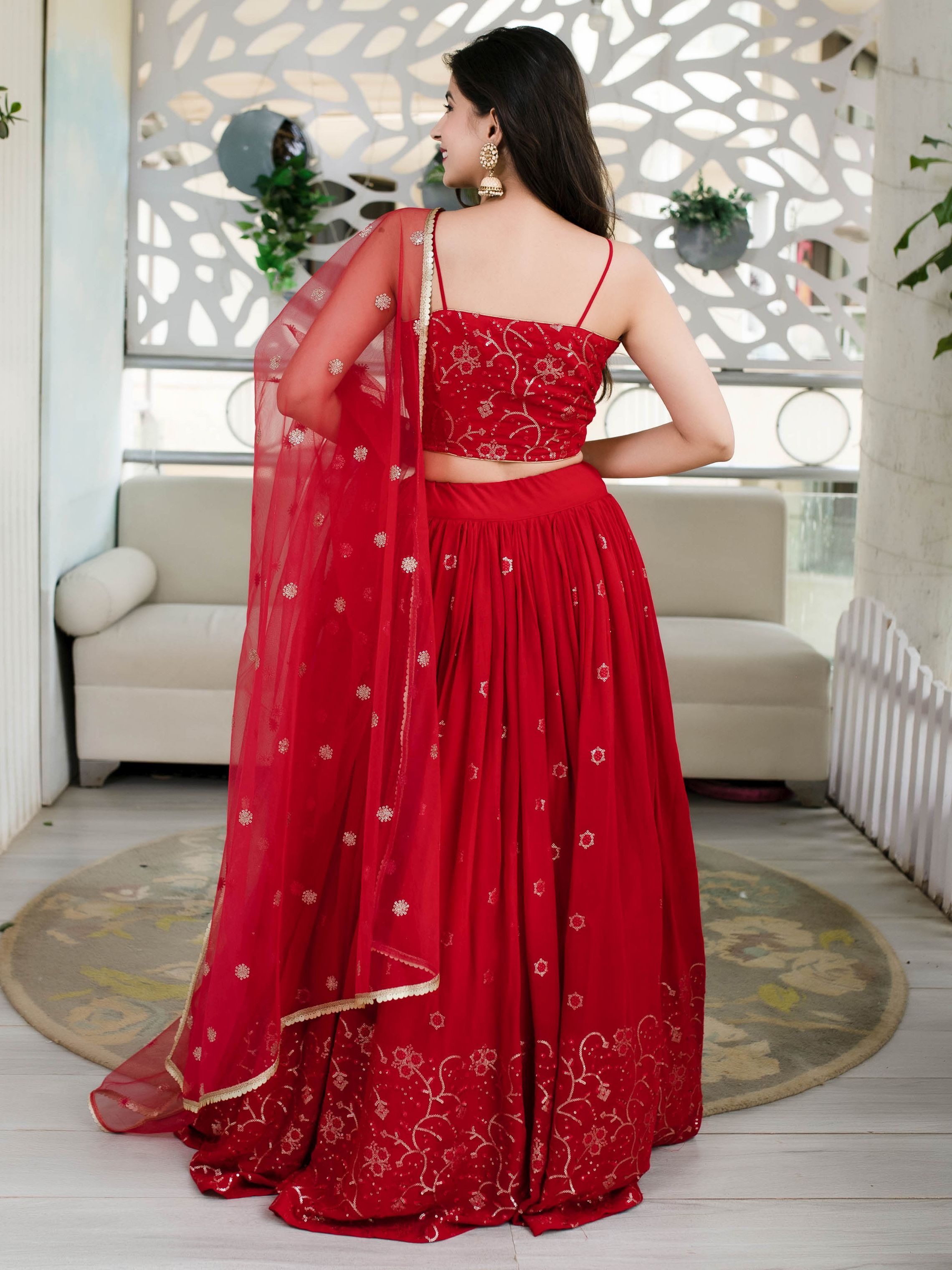 Crimson Red Georgette Thread Embroidered Spaghetti Strap Lehenga Choli — alternate view
