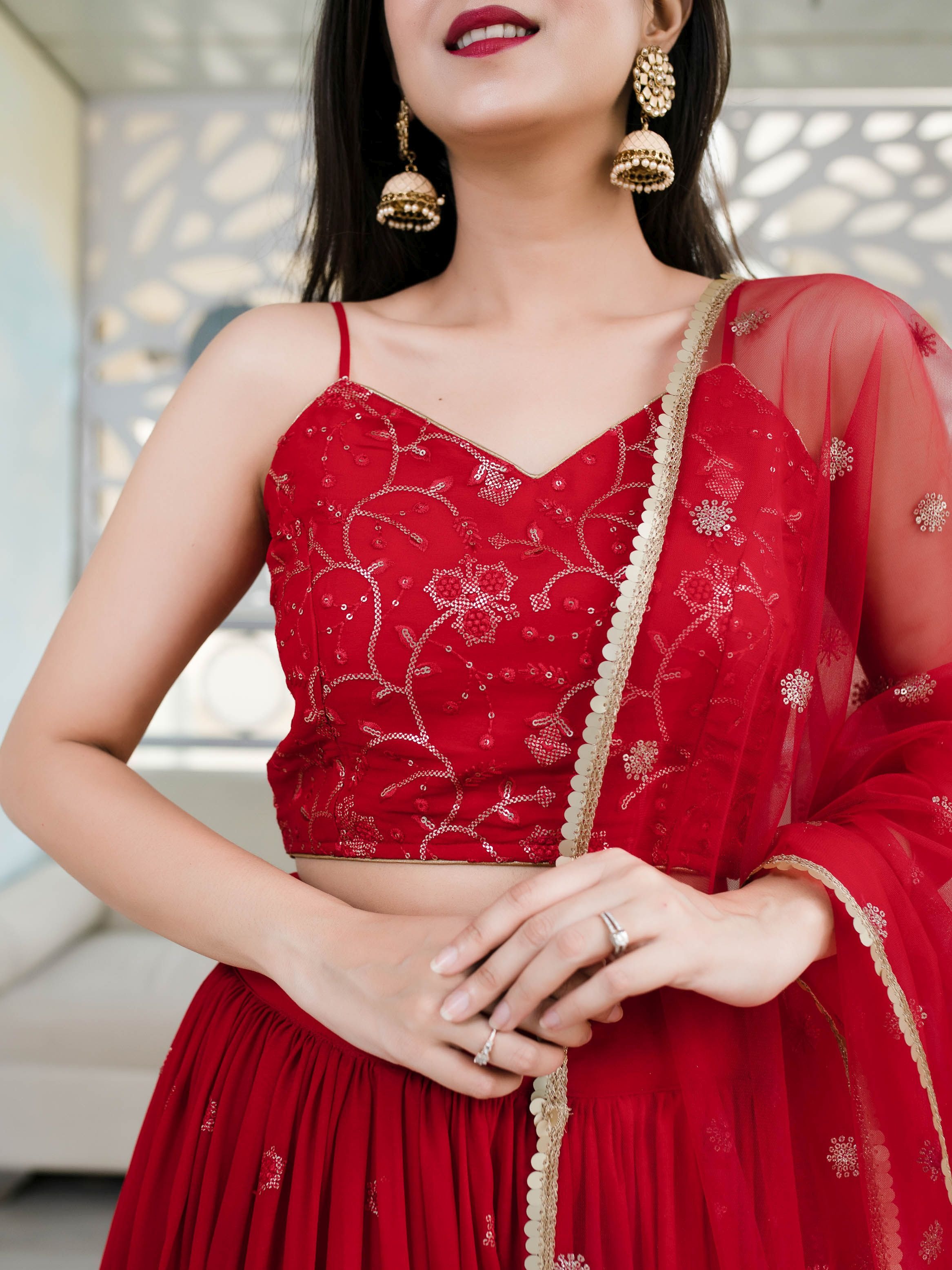 Crimson Red Georgette Thread Embroidered Spaghetti Strap Lehenga Choli