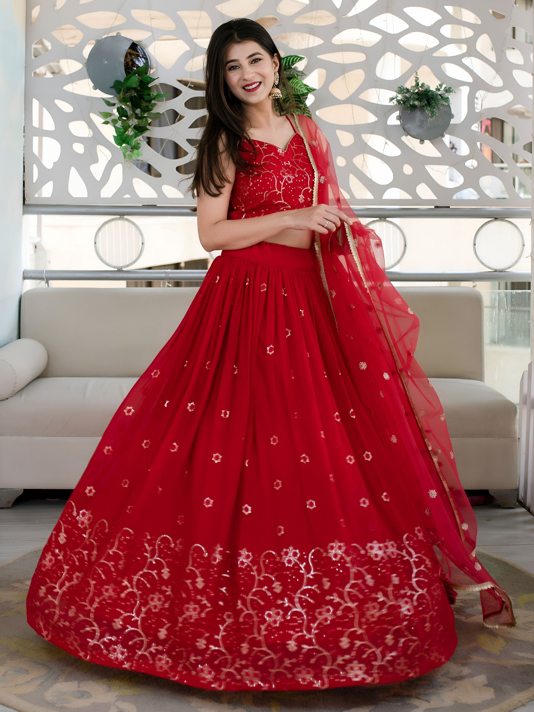 Crimson Red Georgette Thread Embroidered Spaghetti Strap Lehenga Choli