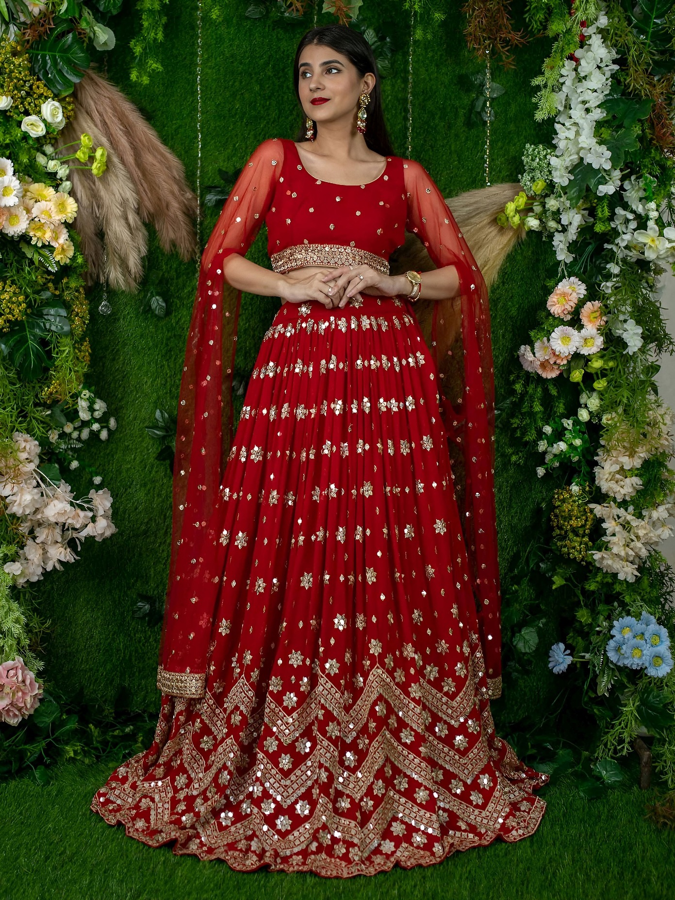 Crimson Red Georgette Zari Embroidered Panelled Lehenga Choli