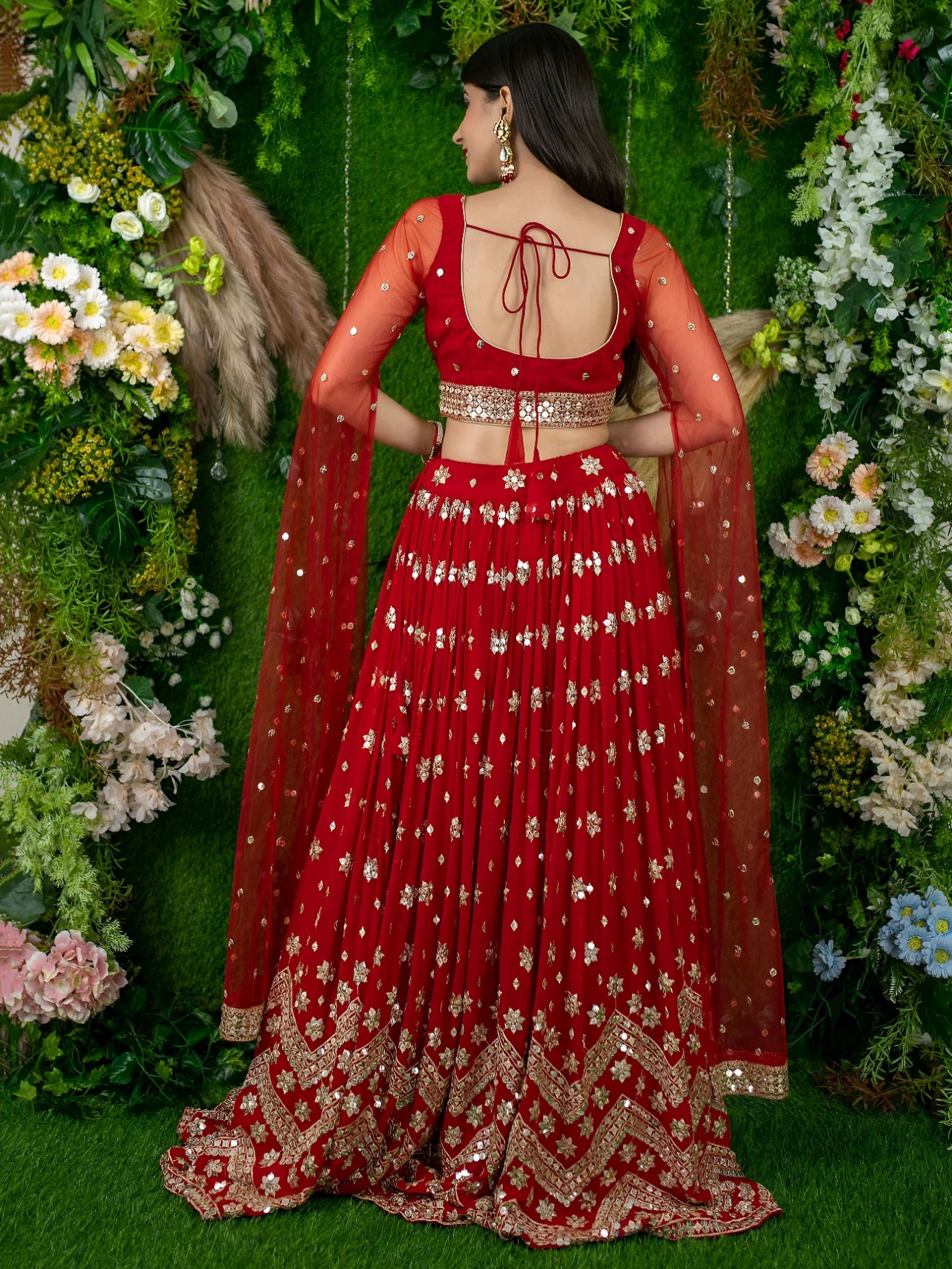 Crimson Red Georgette Zari Embroidered Panelled Lehenga Choli — alternate view