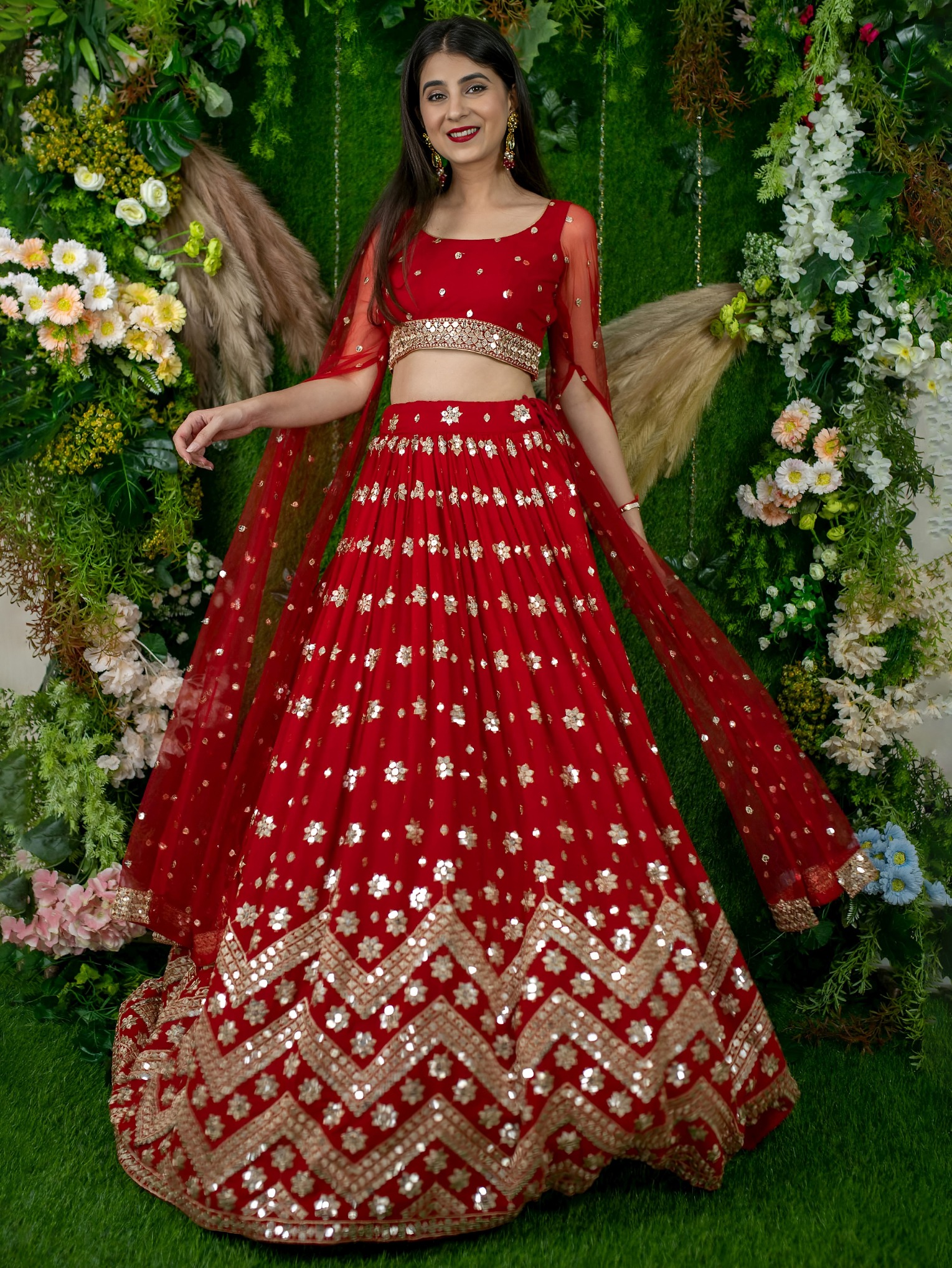 Crimson Red Georgette Zari Embroidered Panelled Lehenga Choli