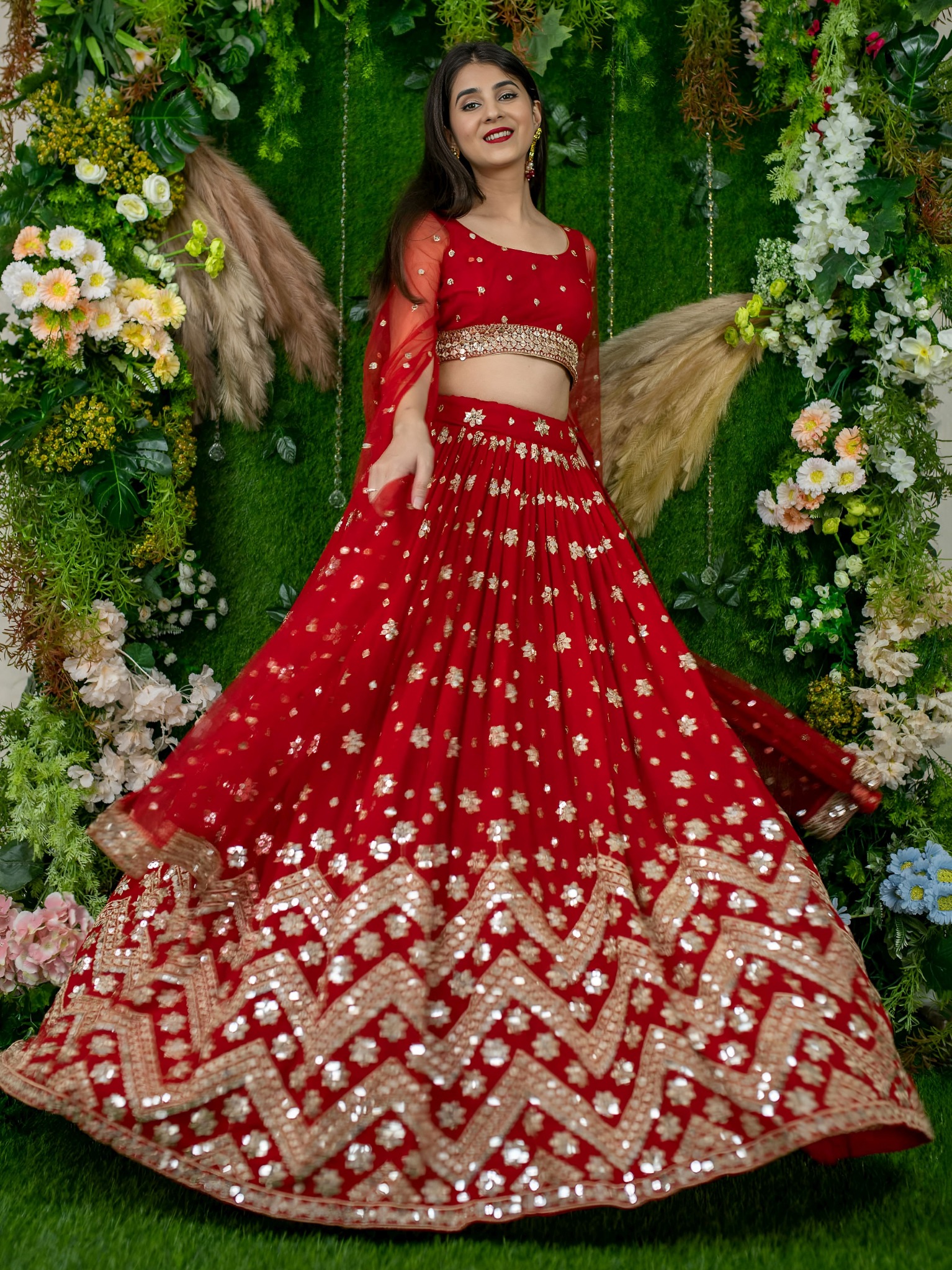 Crimson Red Georgette Zari Embroidered Panelled Lehenga Choli
