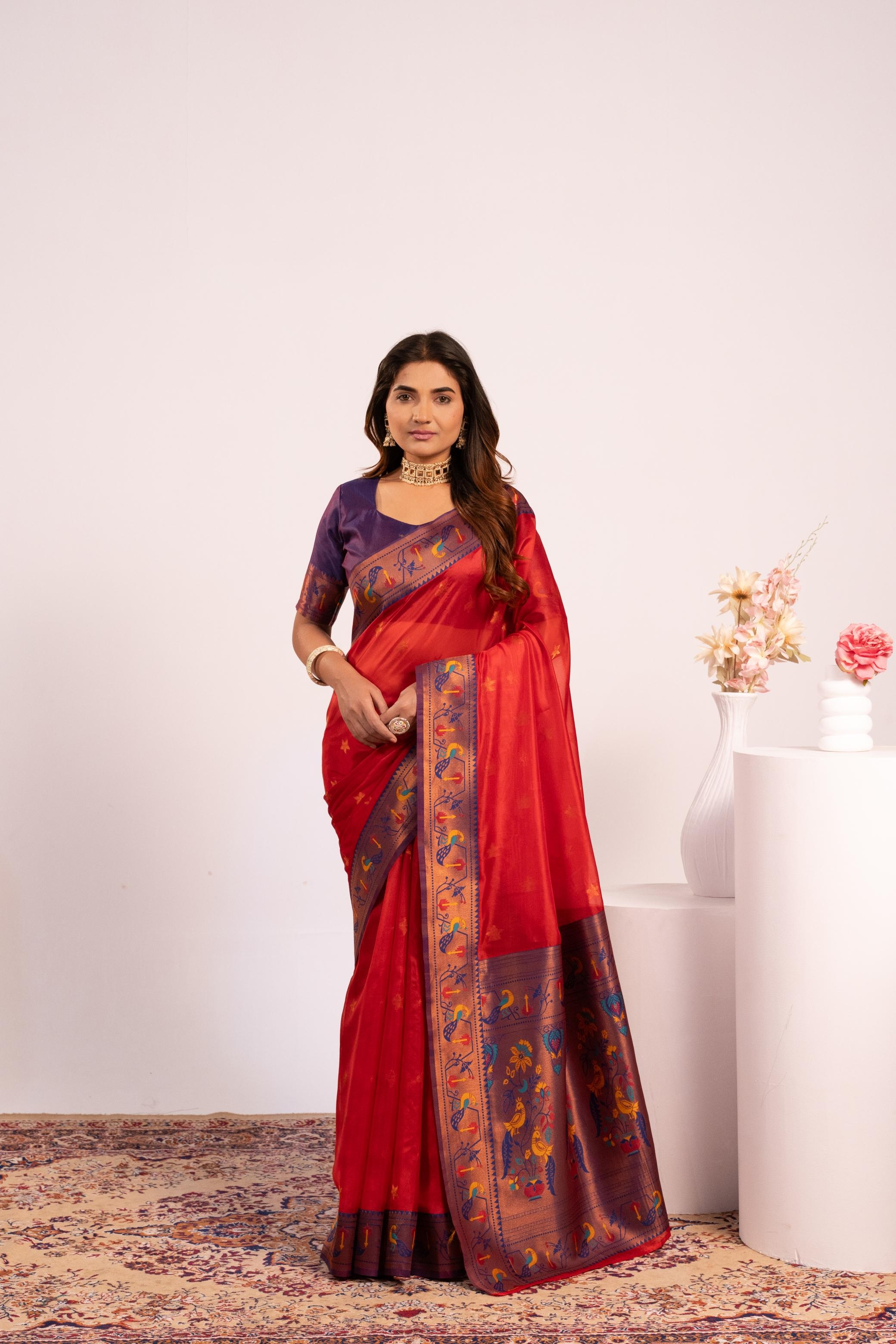Crimson Red Paithani Tissue Silk Saree